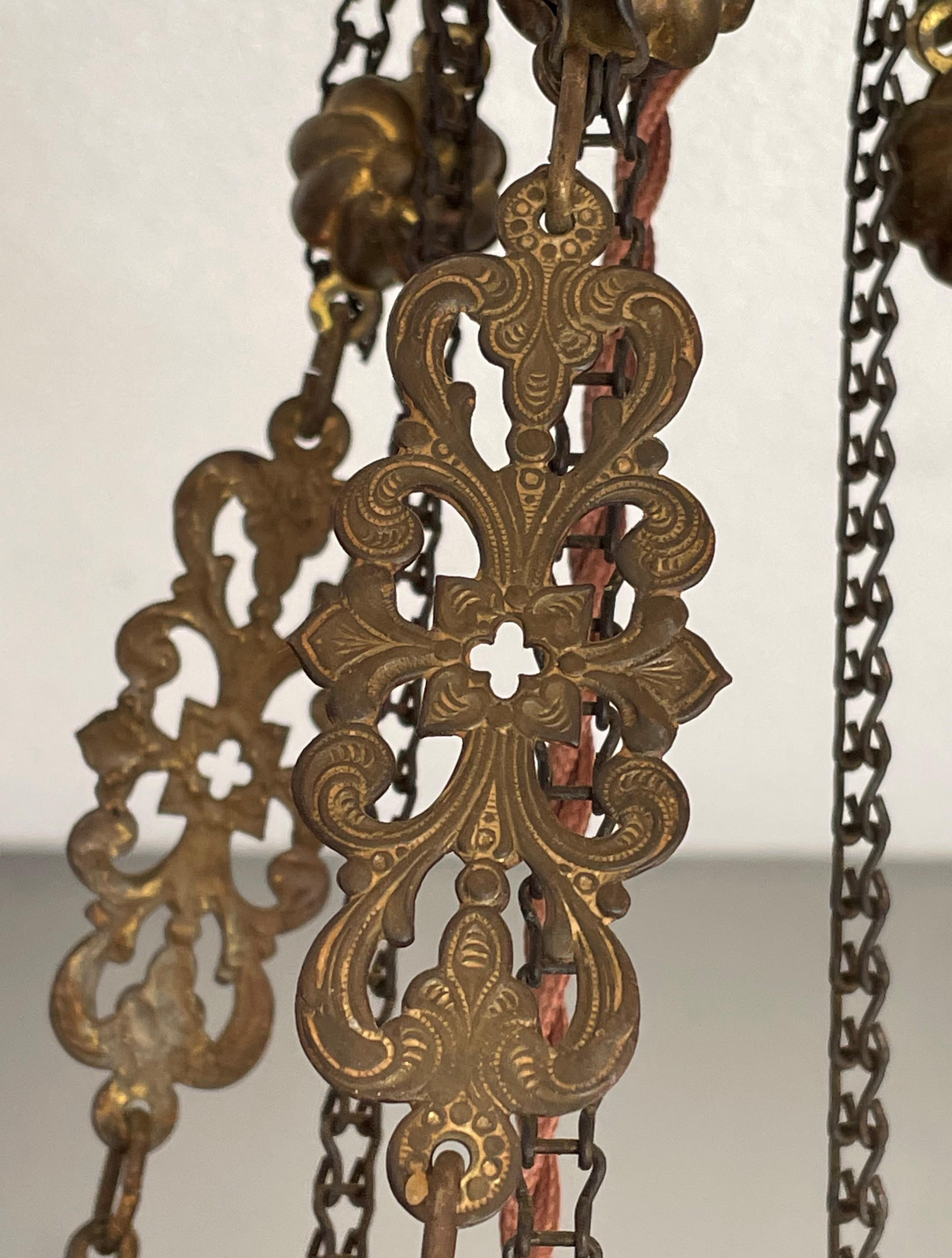 Stunning Arts & Crafts Gothic Brass & Mouth Blown Art Glass Pendant / Lantern 11