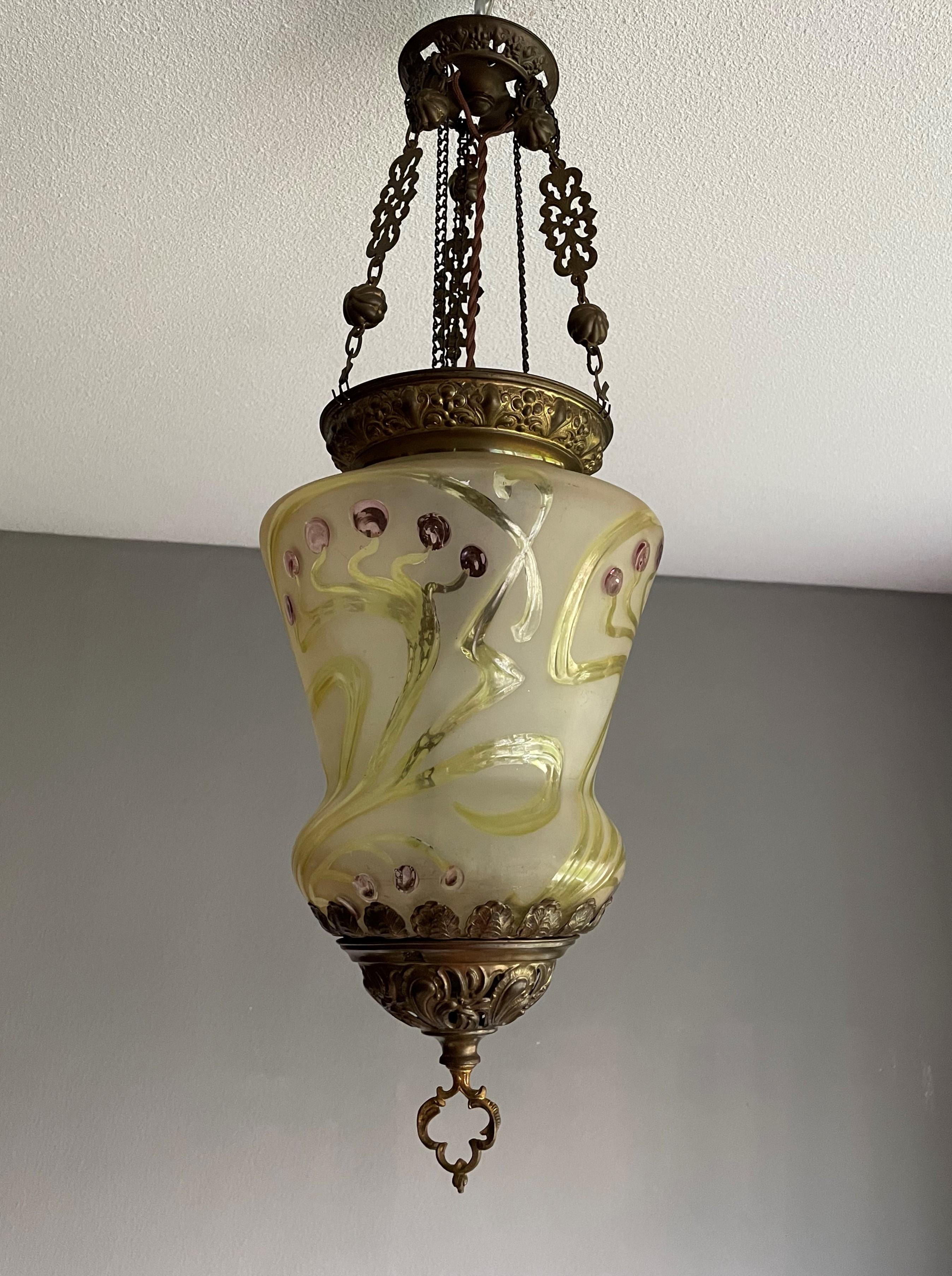 Gothic Revival Stunning Arts & Crafts Gothic Brass & Mouth Blown Art Glass Pendant / Lantern
