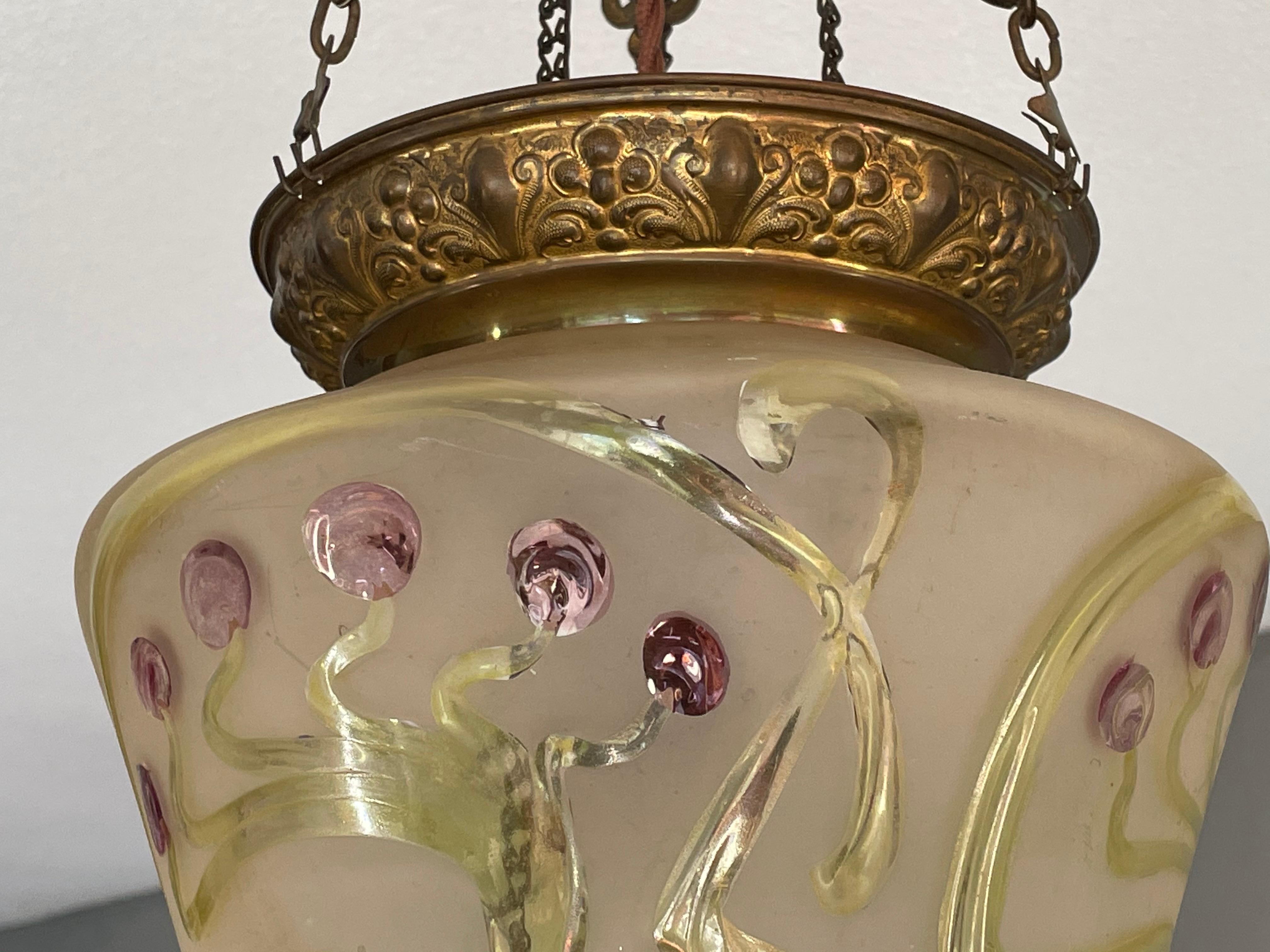 Hammered Stunning Arts & Crafts Gothic Brass & Mouth Blown Art Glass Pendant / Lantern