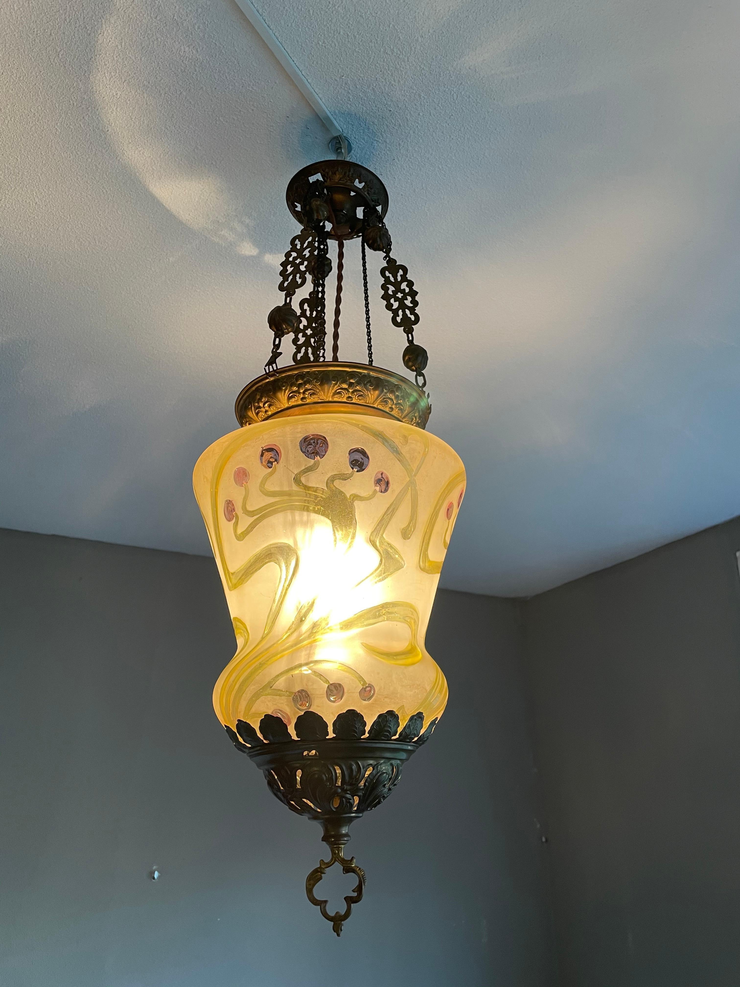 Stunning Arts & Crafts Gothic Brass & Mouth Blown Art Glass Pendant / Lantern In Good Condition In Lisse, NL