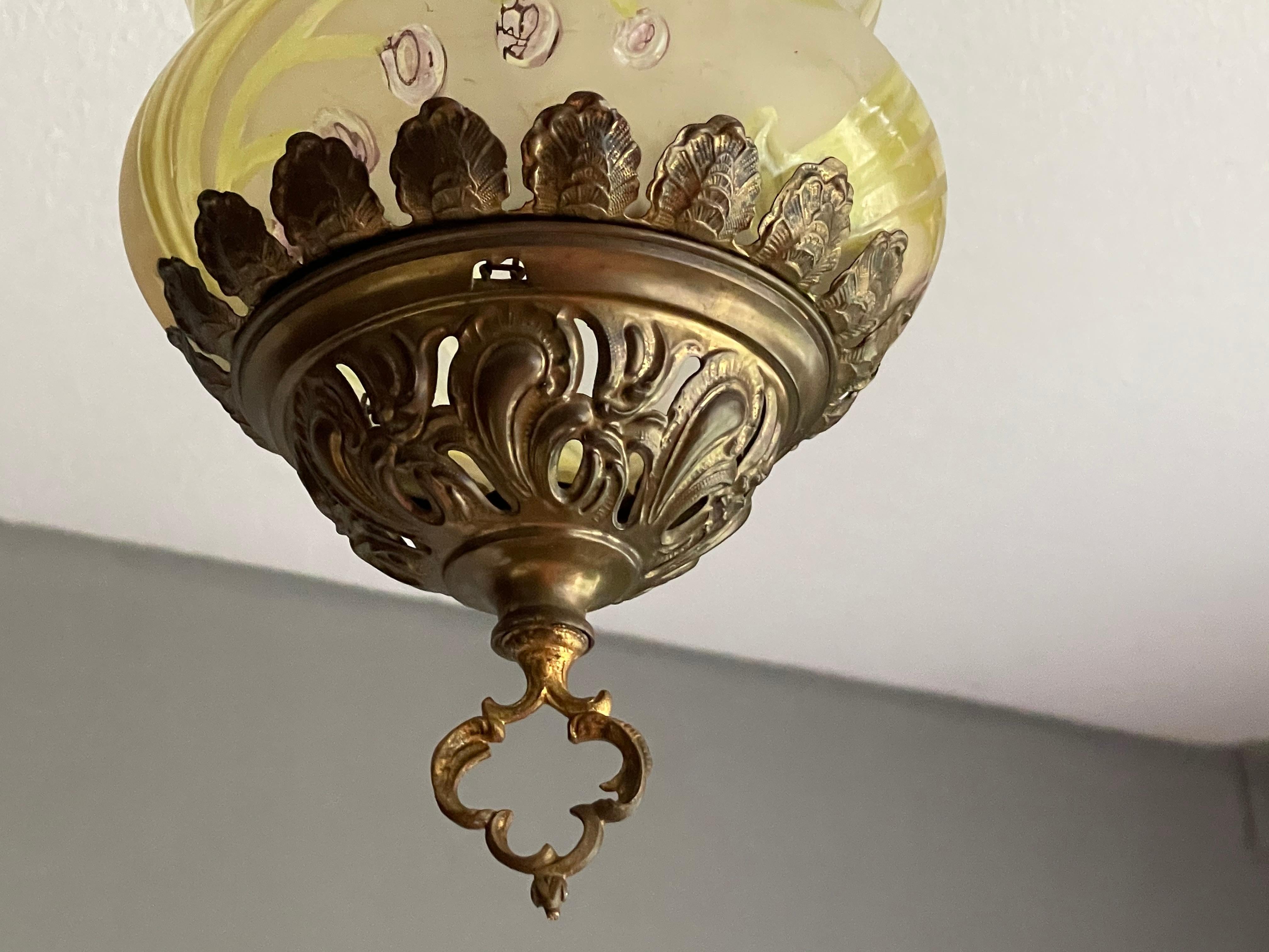 20th Century Stunning Arts & Crafts Gothic Brass & Mouth Blown Art Glass Pendant / Lantern
