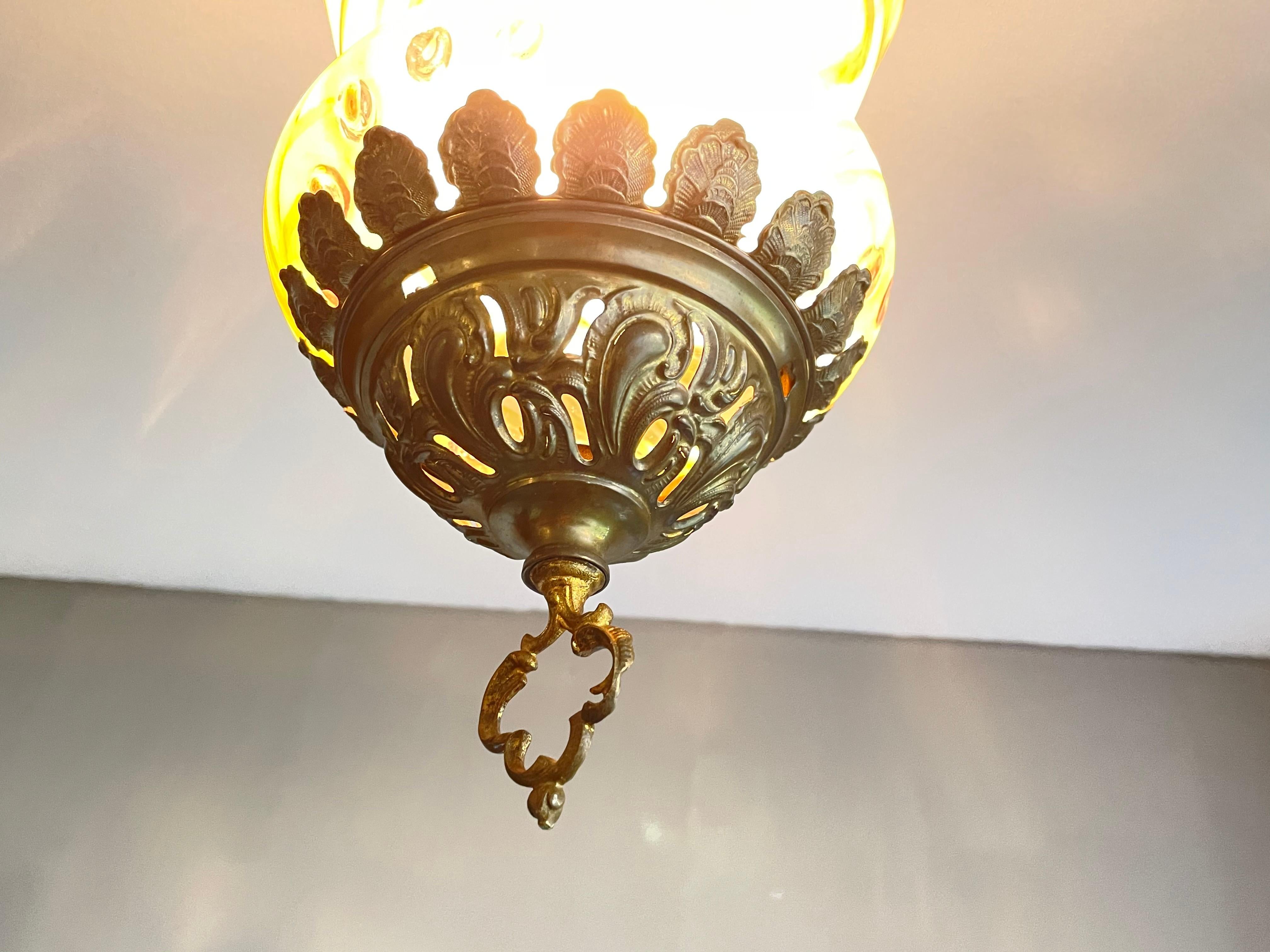 Stunning Arts & Crafts Gothic Brass & Mouth Blown Art Glass Pendant / Lantern 1