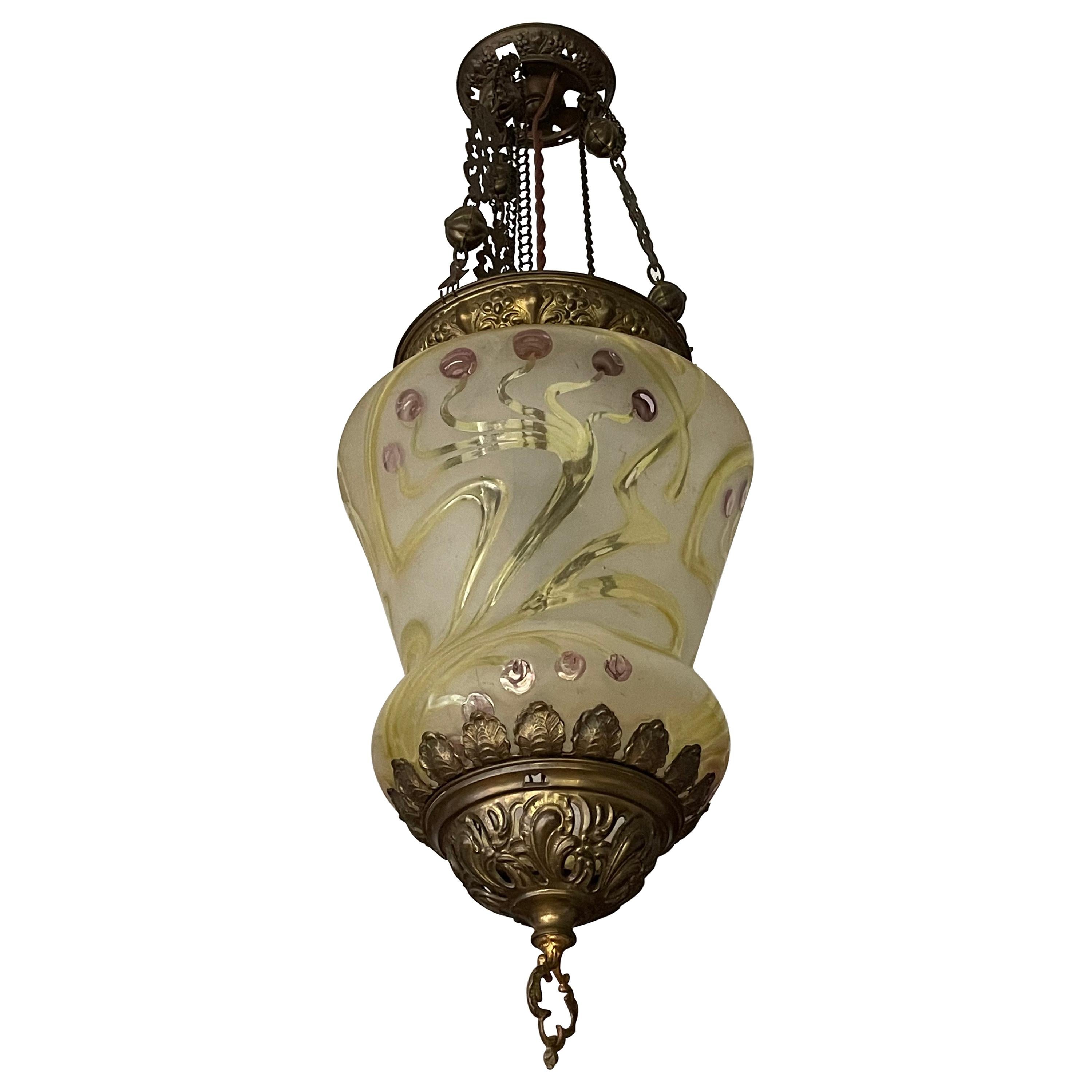 Stunning Arts & Crafts Gothic Brass & Mouth Blown Art Glass Pendant / Lantern
