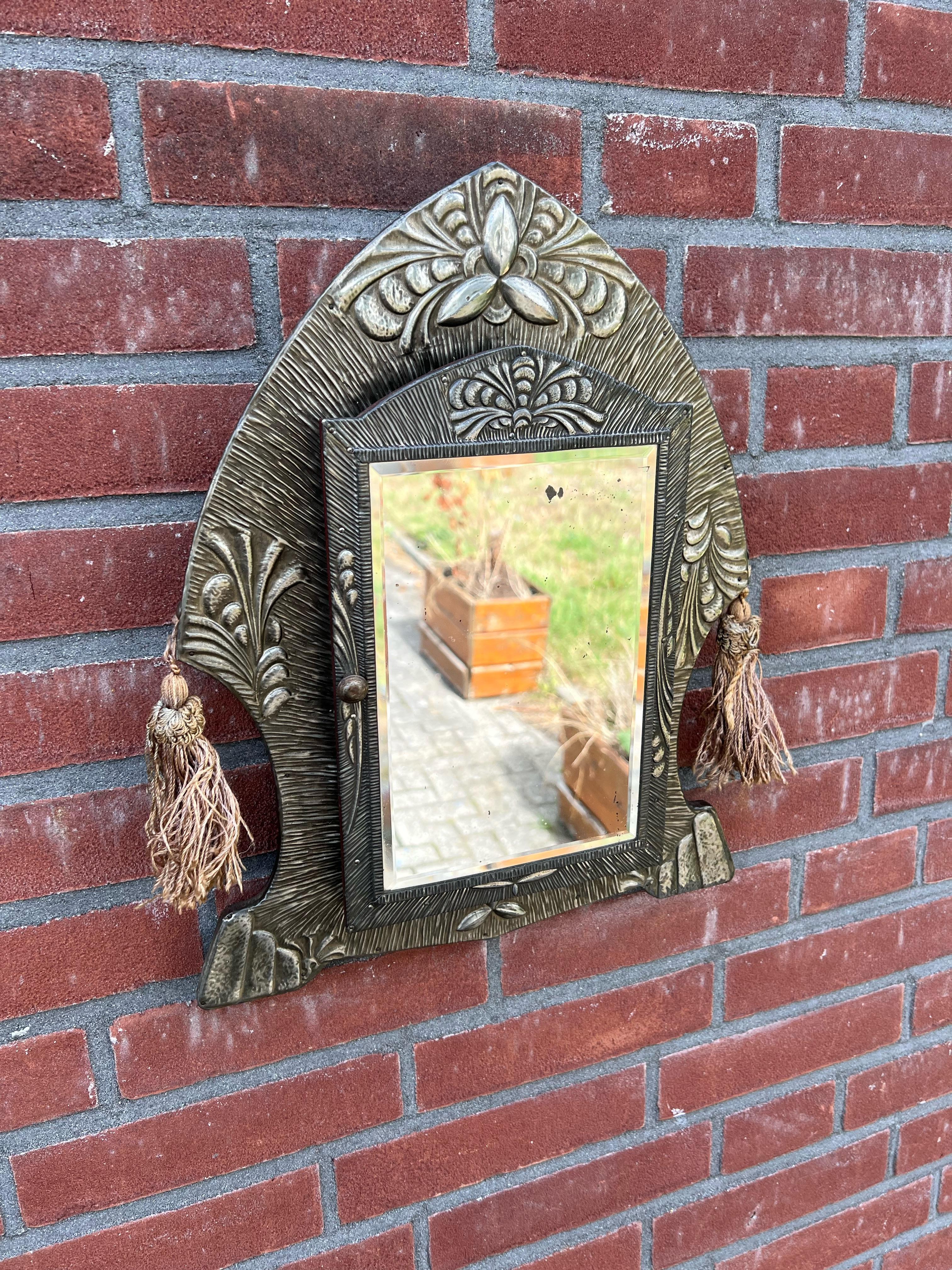 Stunning Arts and Crafts Wall Key Cabinet of Embossed Copper with Beveled Mirror For Sale 12