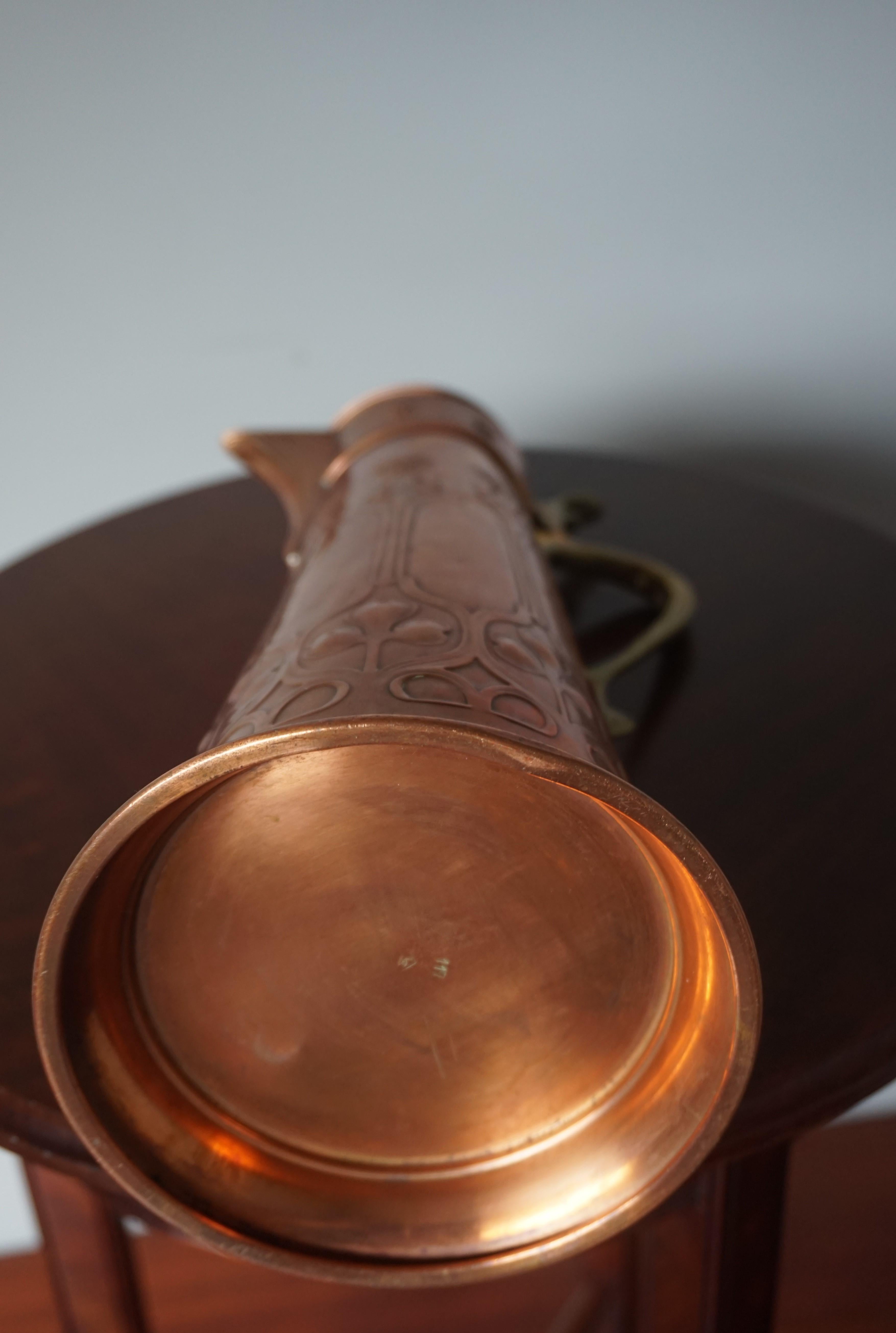 Stunning Arts & Crafts WMF Red Copper & Brass Jug or Vase with Stylized Flowers For Sale 1