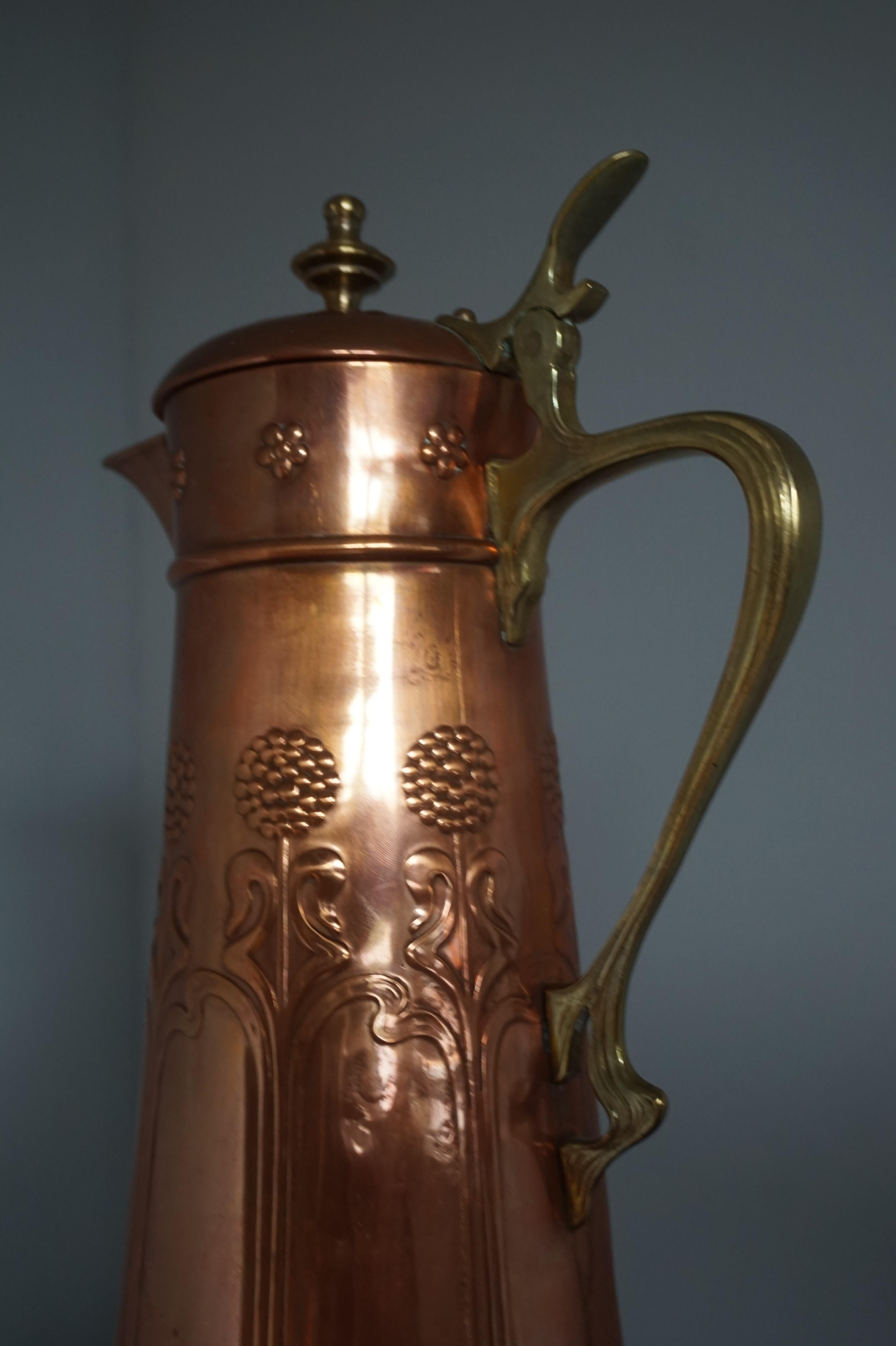 Stunning Arts & Crafts WMF Red Copper & Brass Jug or Vase with Stylized Flowers For Sale 3