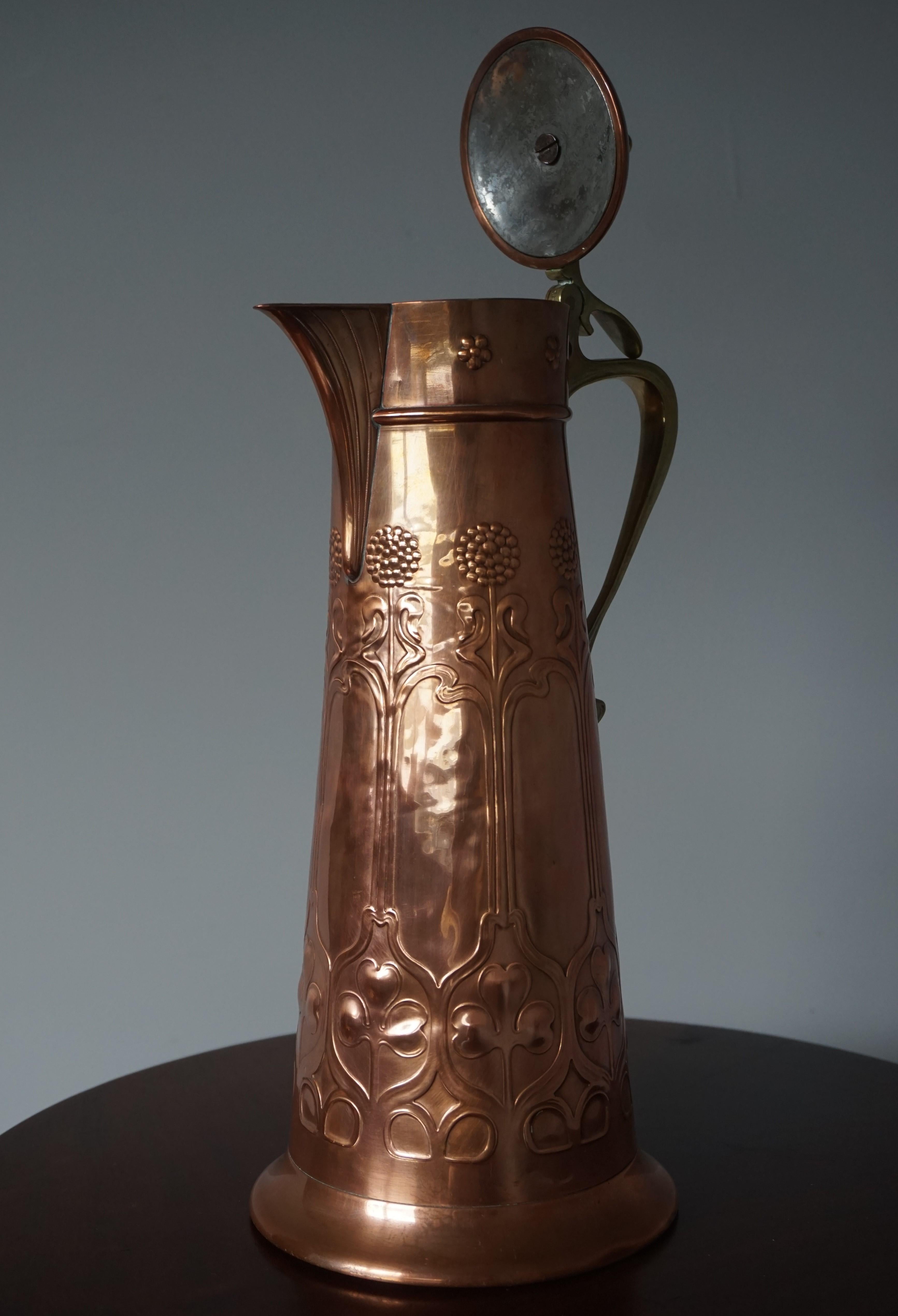 Stunning Arts & Crafts WMF Red Copper & Brass Jug or Vase with Stylized Flowers For Sale 4