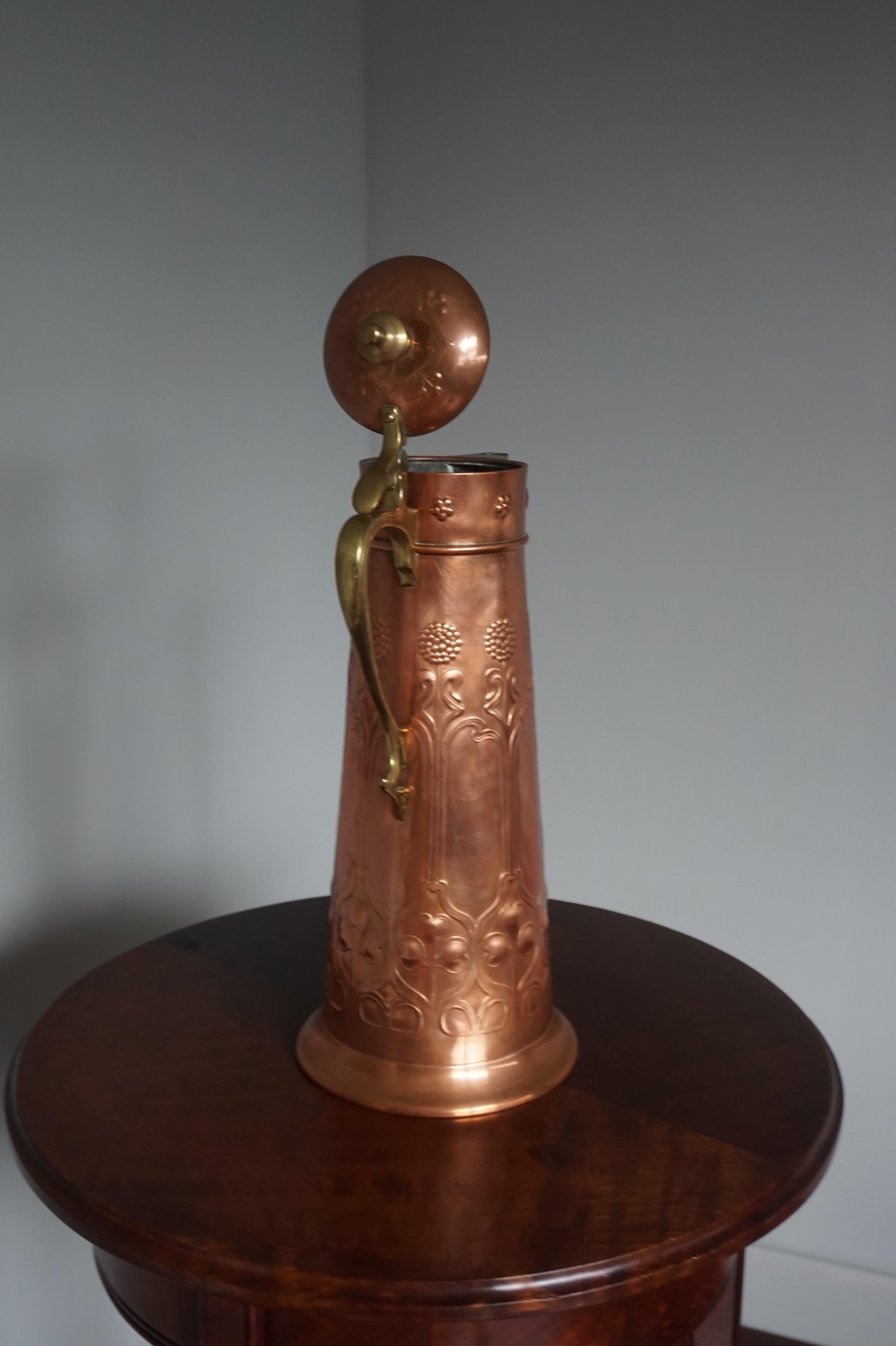 Stunning Arts & Crafts WMF Red Copper & Brass Jug or Vase with Stylized Flowers For Sale 5