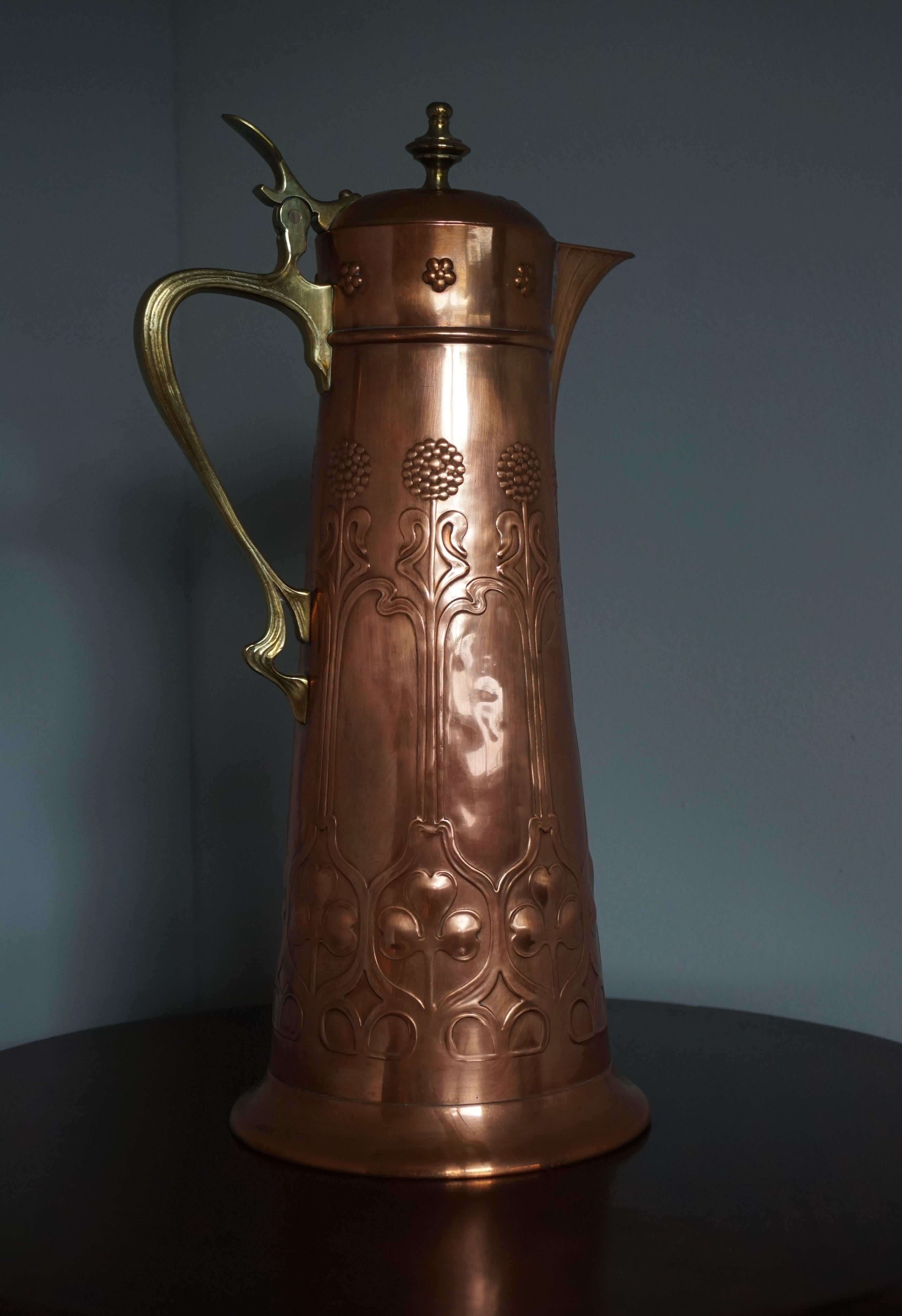 Stunning Arts & Crafts WMF Red Copper & Brass Jug or Vase with Stylized Flowers For Sale 6