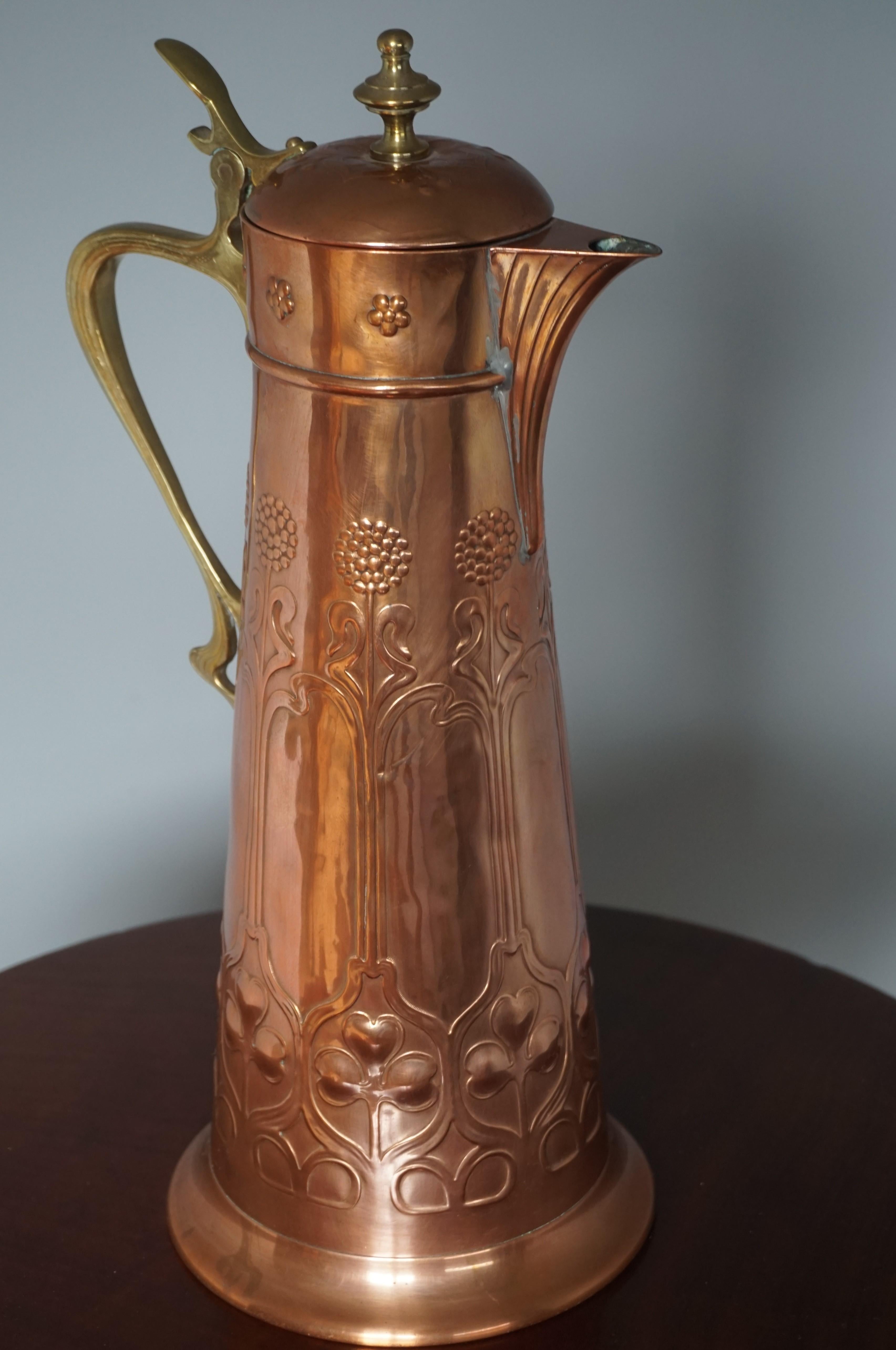 Jugendstil Stunning Arts & Crafts WMF Red Copper & Brass Jug or Vase with Stylized Flowers For Sale