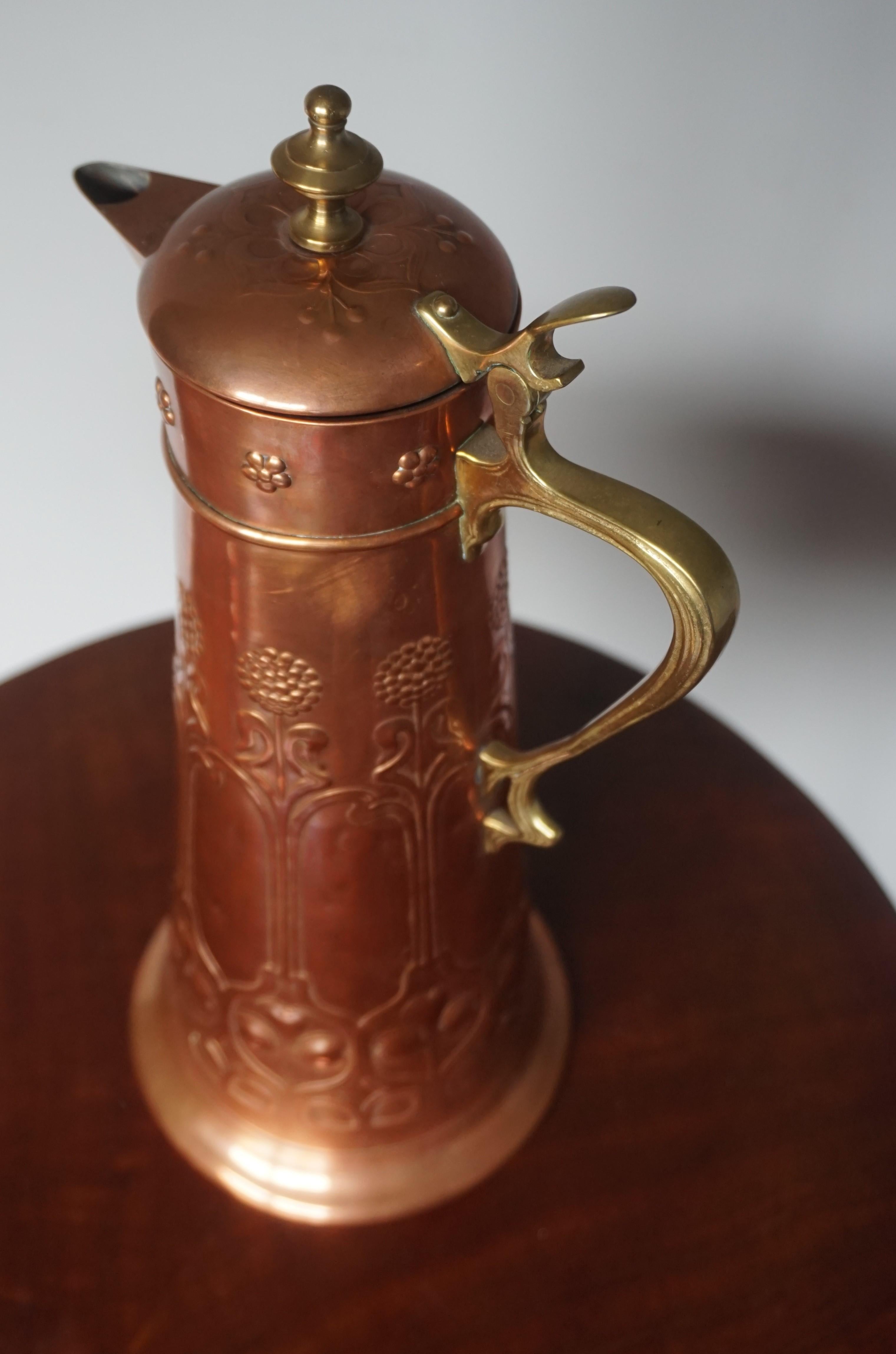 German Stunning Arts & Crafts WMF Red Copper & Brass Jug or Vase with Stylized Flowers For Sale