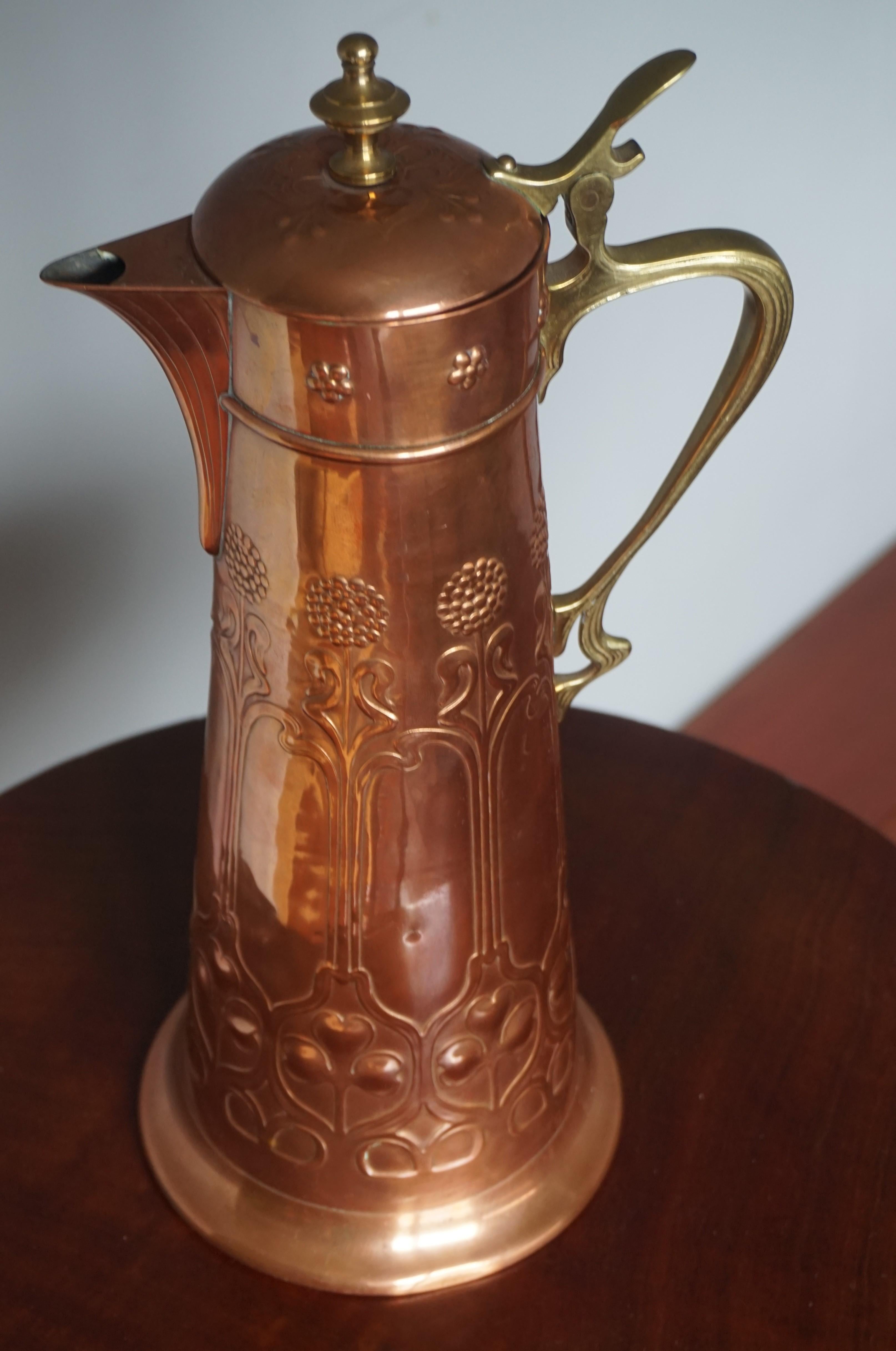 Embossed Stunning Arts & Crafts WMF Red Copper & Brass Jug or Vase with Stylized Flowers For Sale