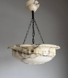 Stunning Arts & Crafts Alabaster Pendant Light, Hand-Carved Bowl Chandelier 1920
