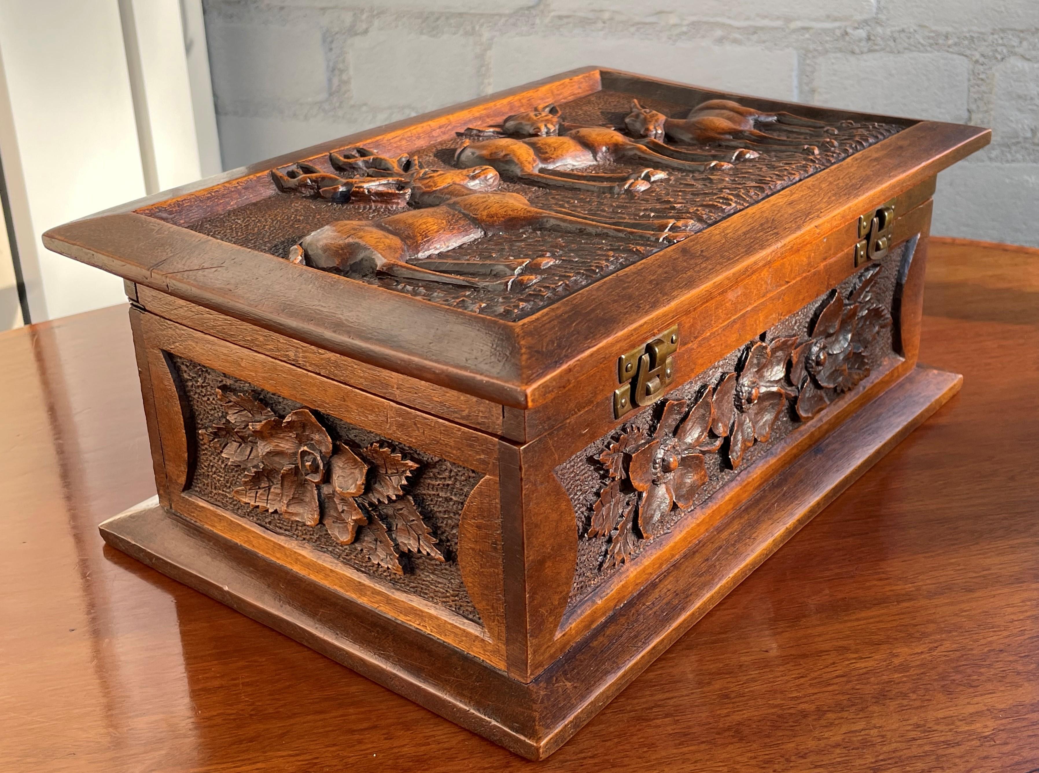 Arts and Crafts Stunning Arts & Crafts Box with Hand Carved Deer Sculptures in Deep Relief, 1910