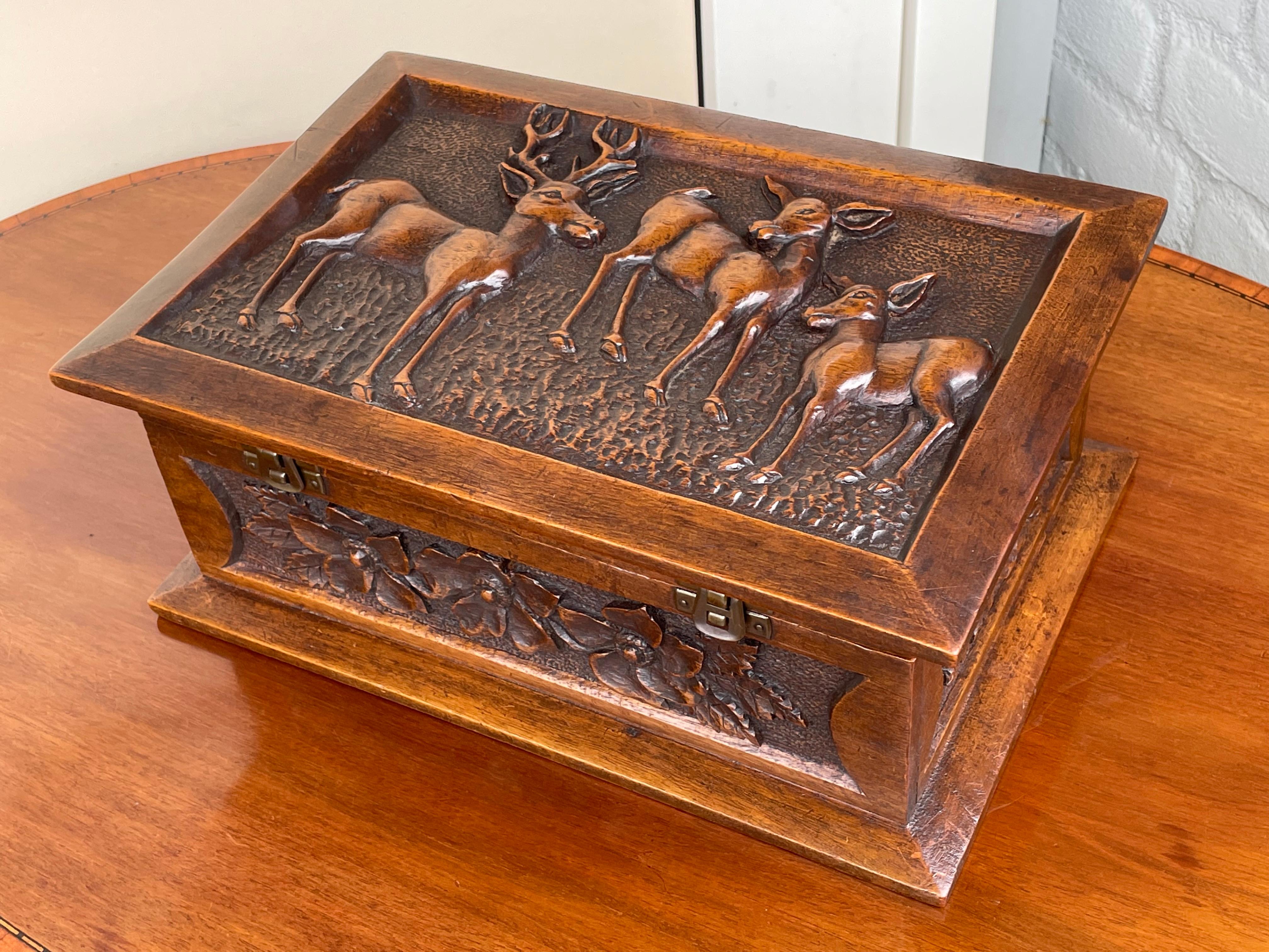 Brass Stunning Arts & Crafts Box with Hand Carved Deer Sculptures in Deep Relief, 1910