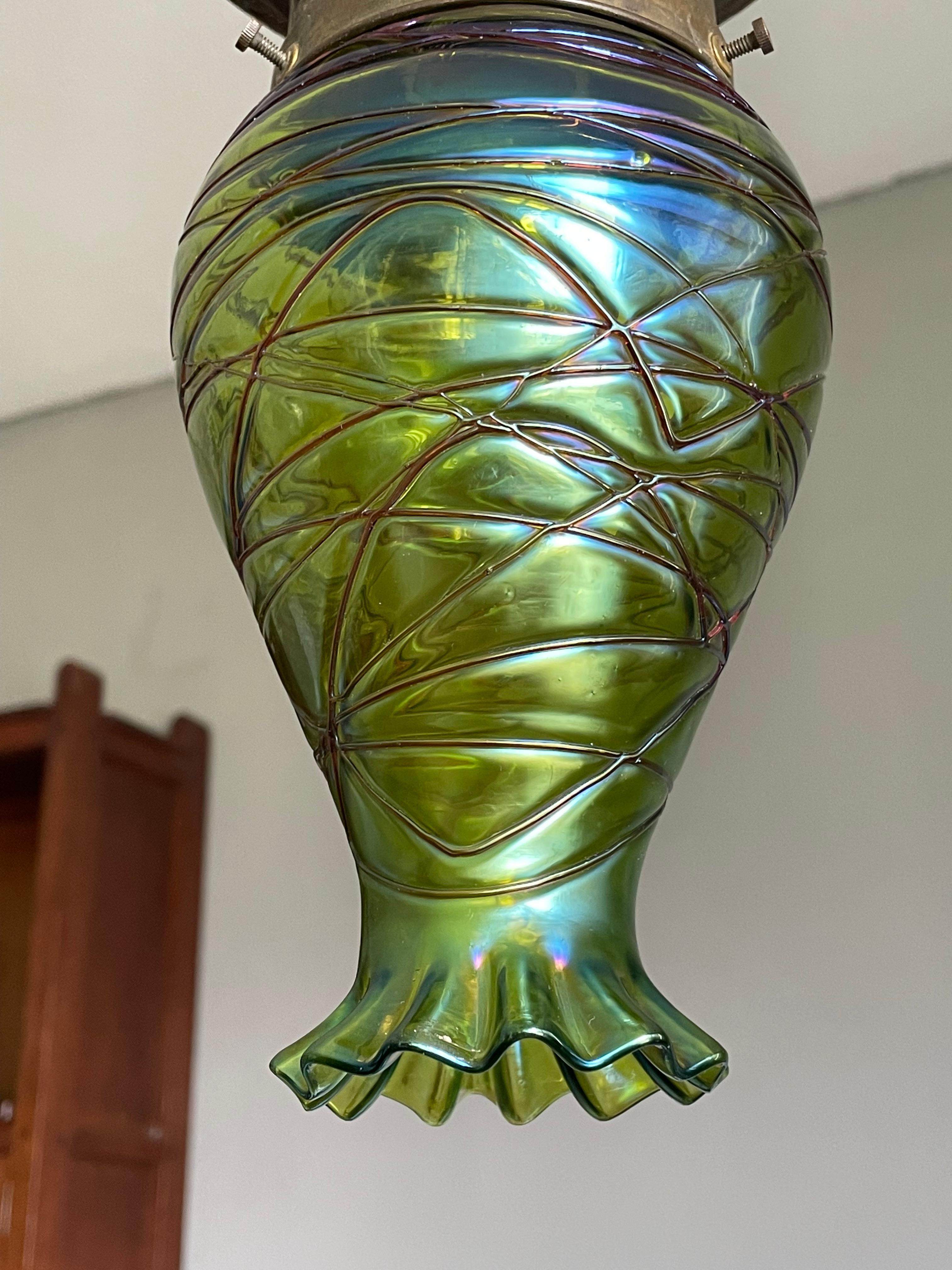 Stunning Arts & Crafts Brass & Green Mouth Blown Loetz Style Art Glass Pendant 3