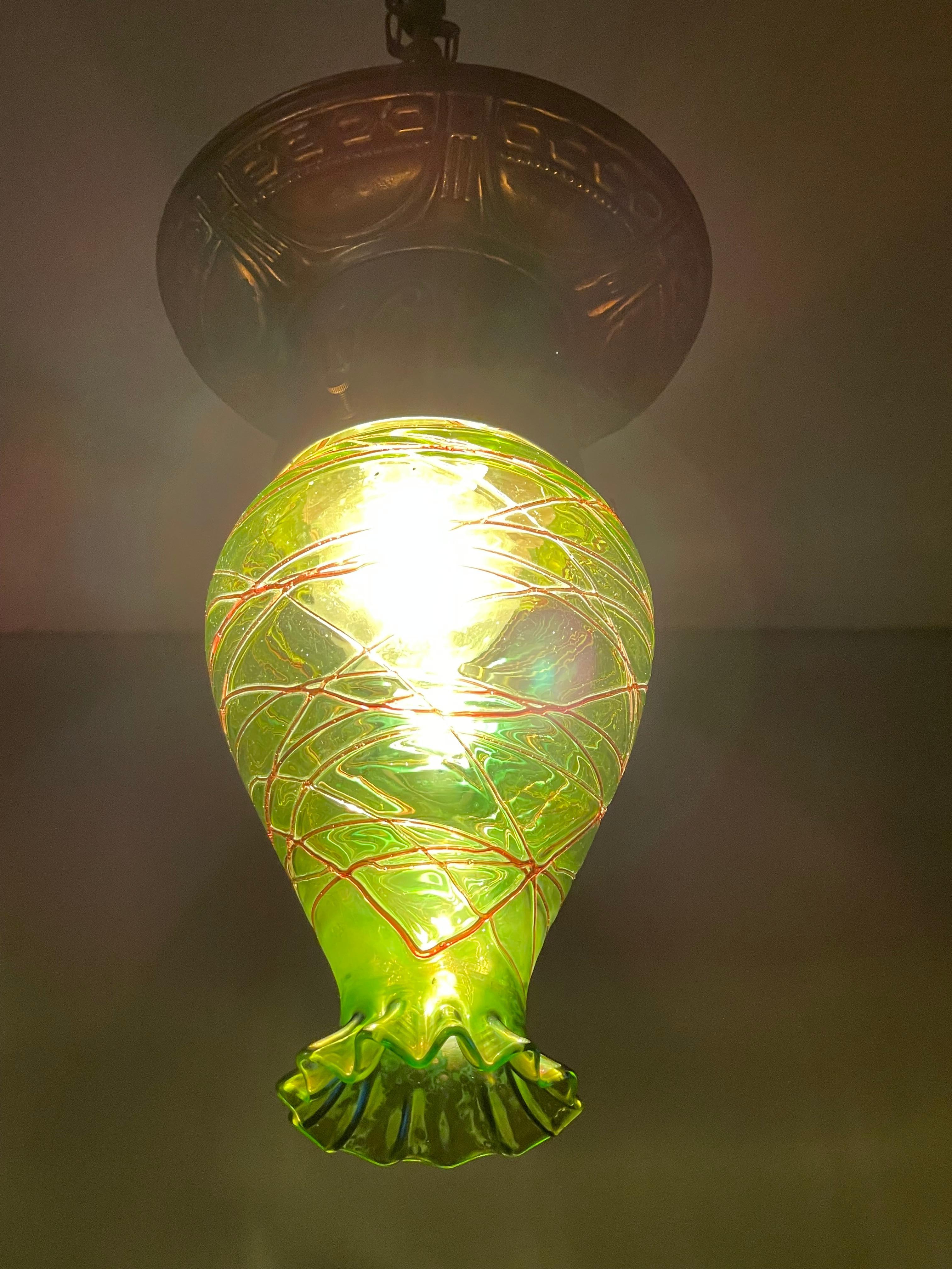Stunning Arts & Crafts Brass & Green Mouth Blown Loetz Style Art Glass Pendant 13