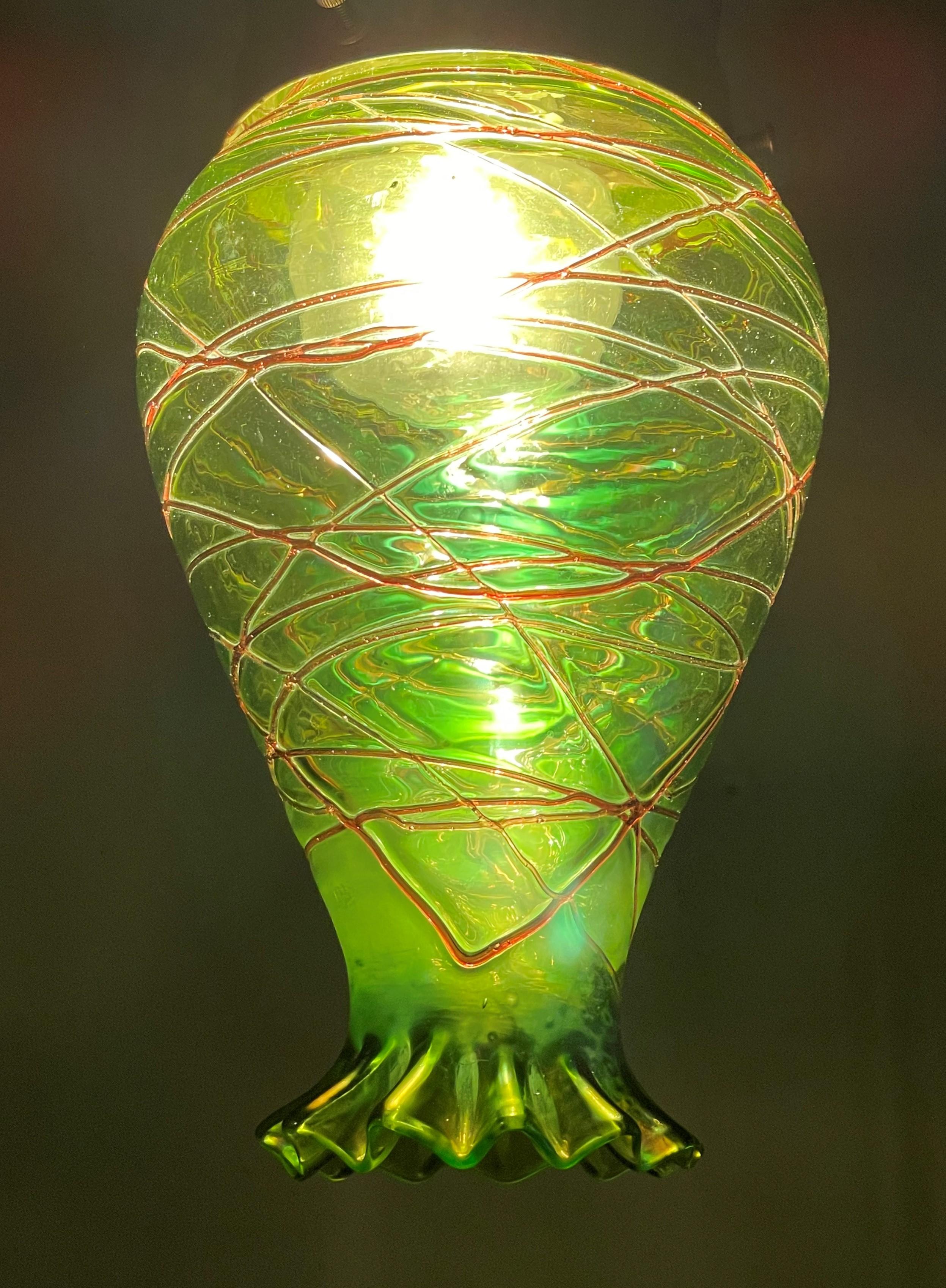 Austrian Stunning Arts & Crafts Brass & Green Mouth Blown Loetz Style Art Glass Pendant