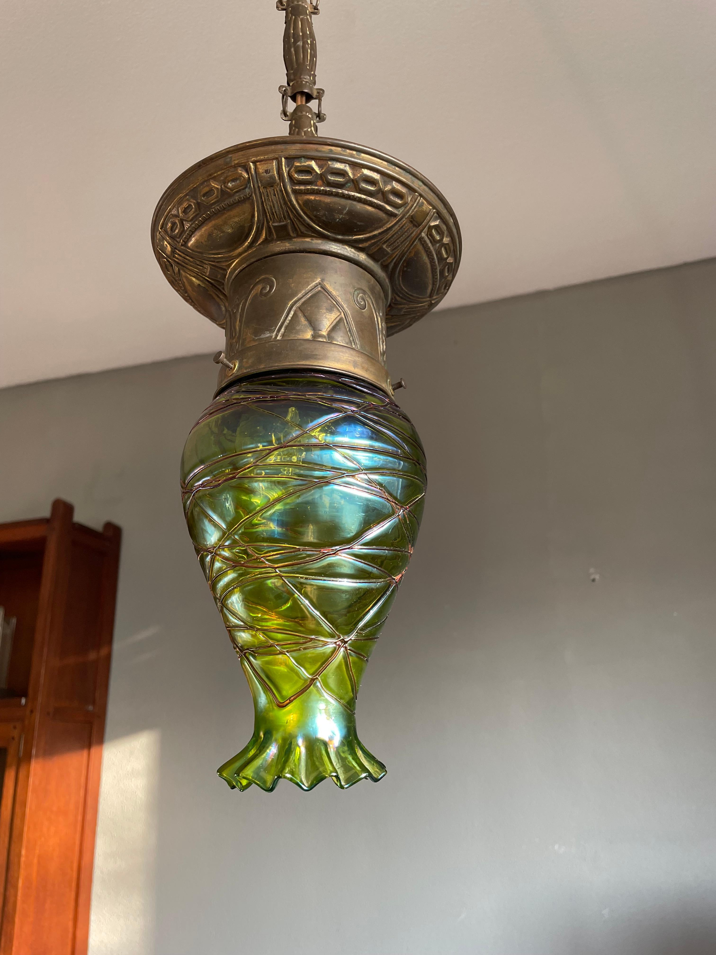 20th Century Stunning Arts & Crafts Brass & Green Mouth Blown Loetz Style Art Glass Pendant