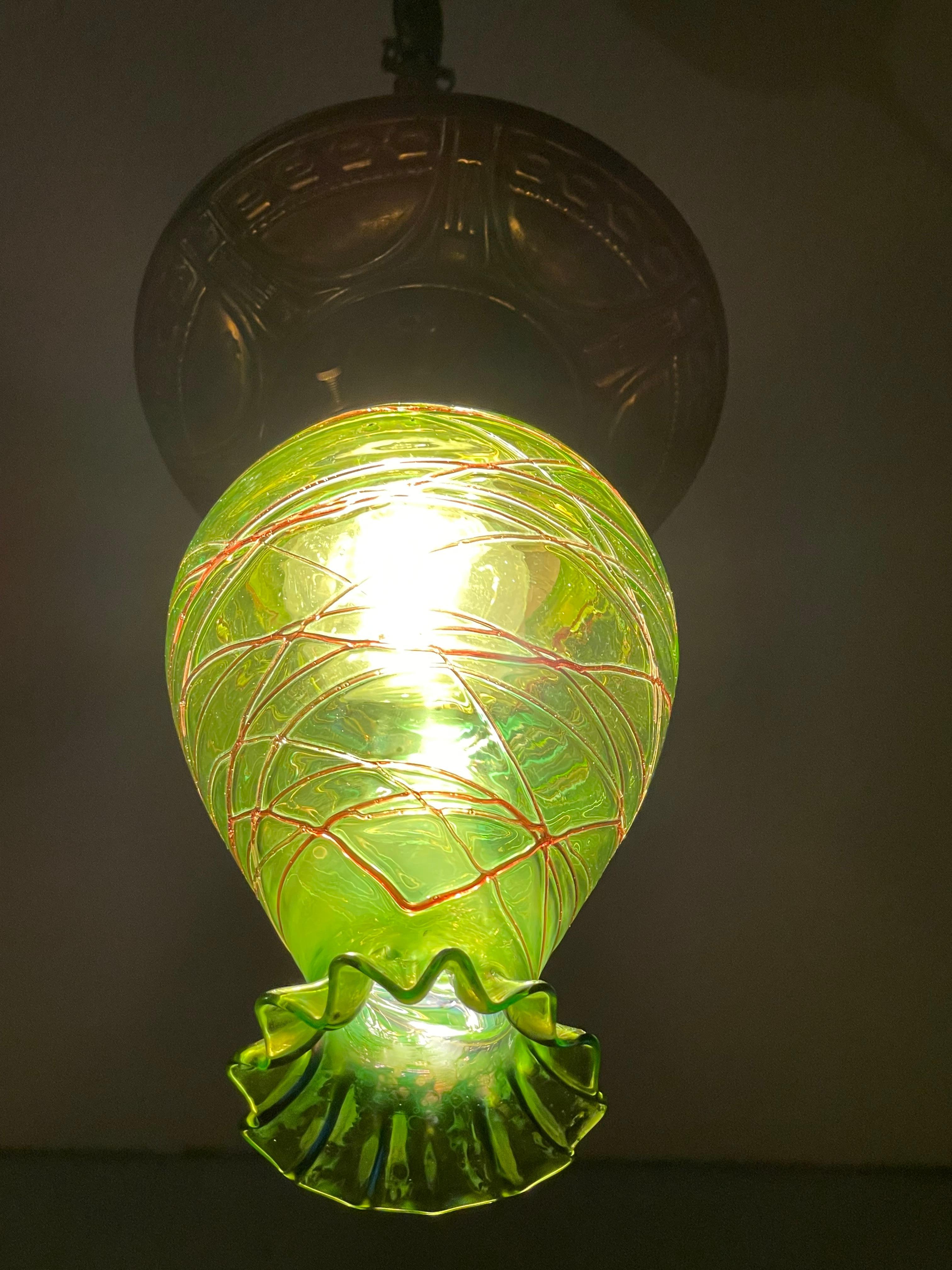 Stunning Arts & Crafts Brass & Green Mouth Blown Loetz Style Art Glass Pendant 1