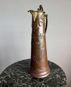 Stunning Arts & Crafts Red Copper & Brass Jug or Vase with Stylized Flowers