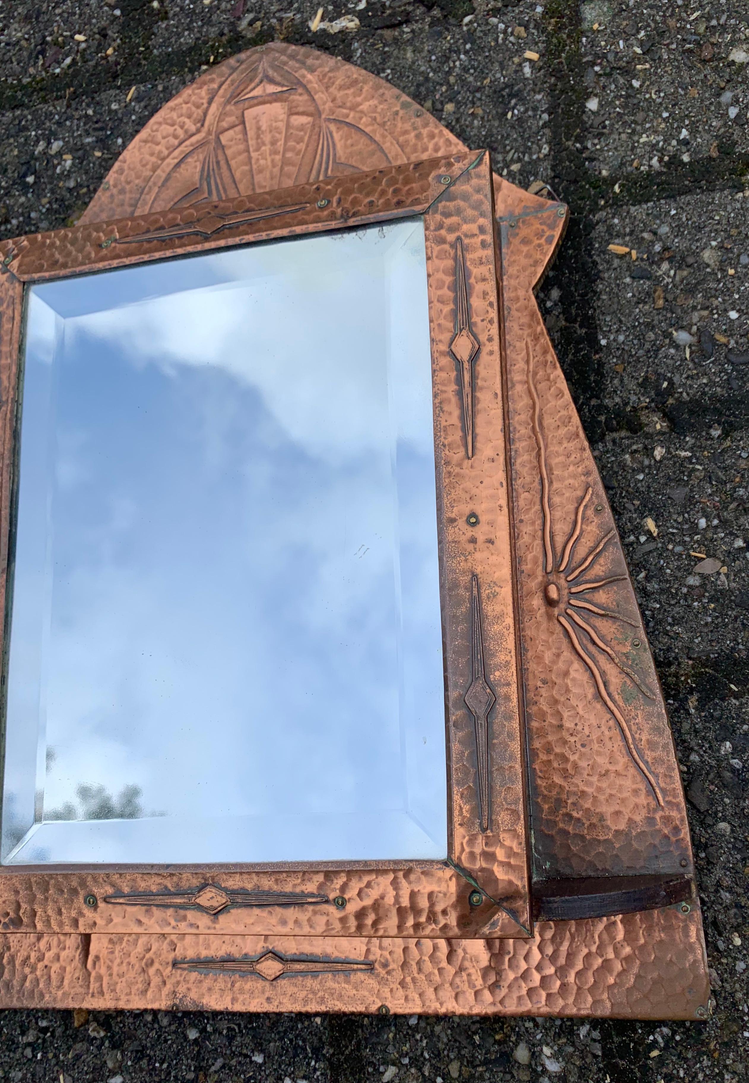 Stunning Arts and Crafts Wall Key Cabinet Embossed Copper and w. Beveled Mirror 11