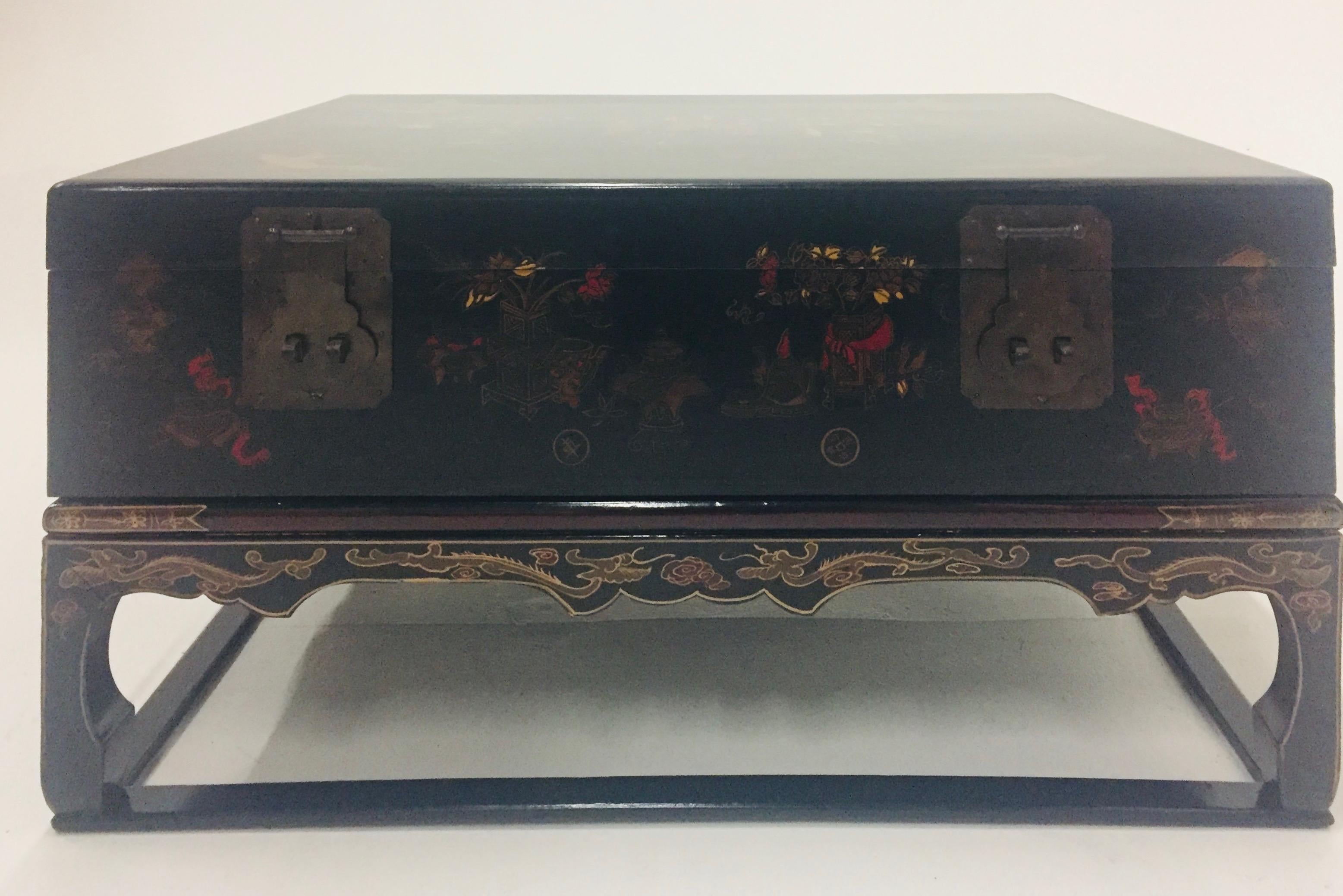 Wood Stunning Asian Black Laquer Box on Custom Stand Coffee Table For Sale