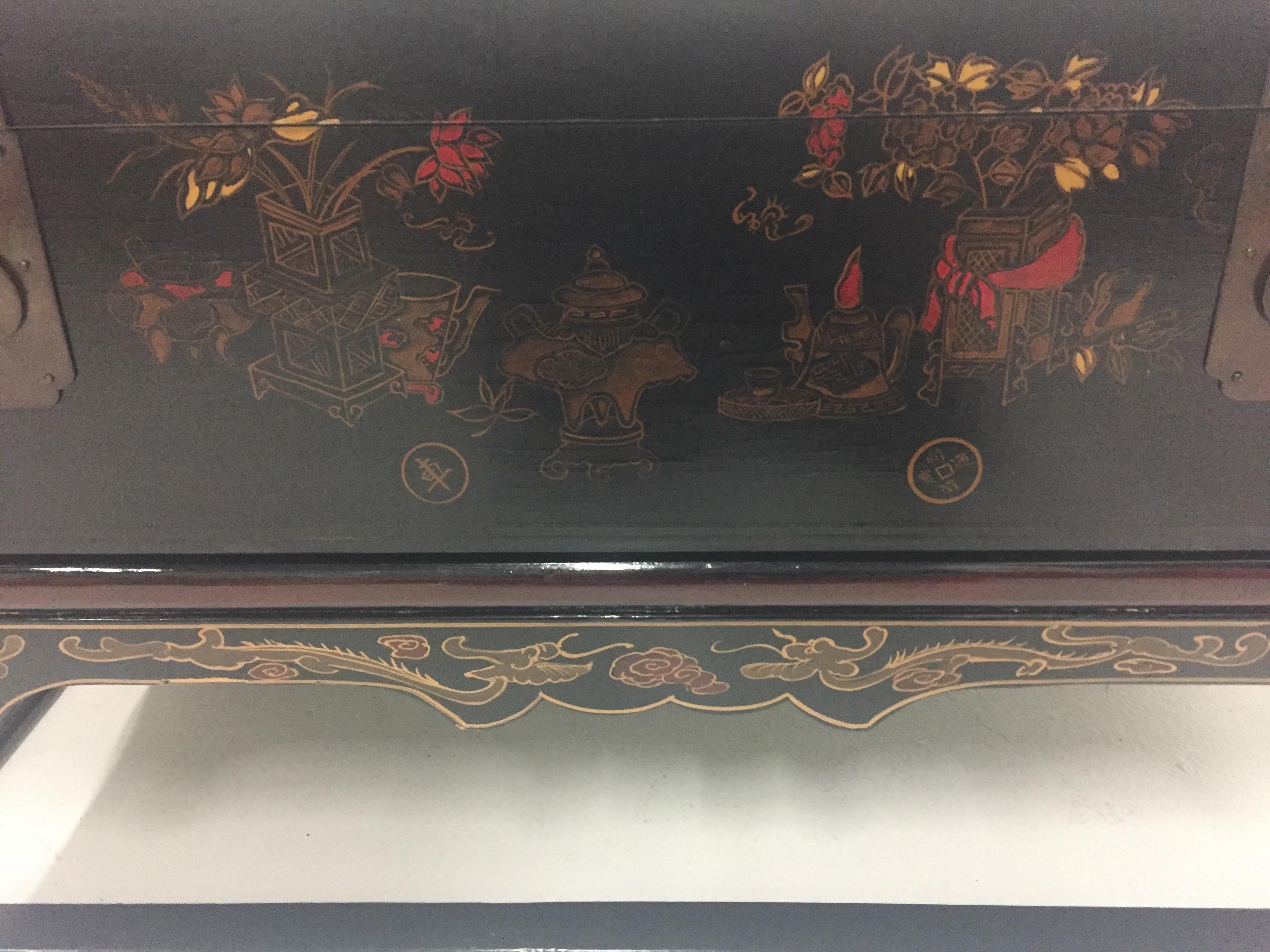 Stunning Asian Black Laquer Box on Custom Stand Coffee Table For Sale 7