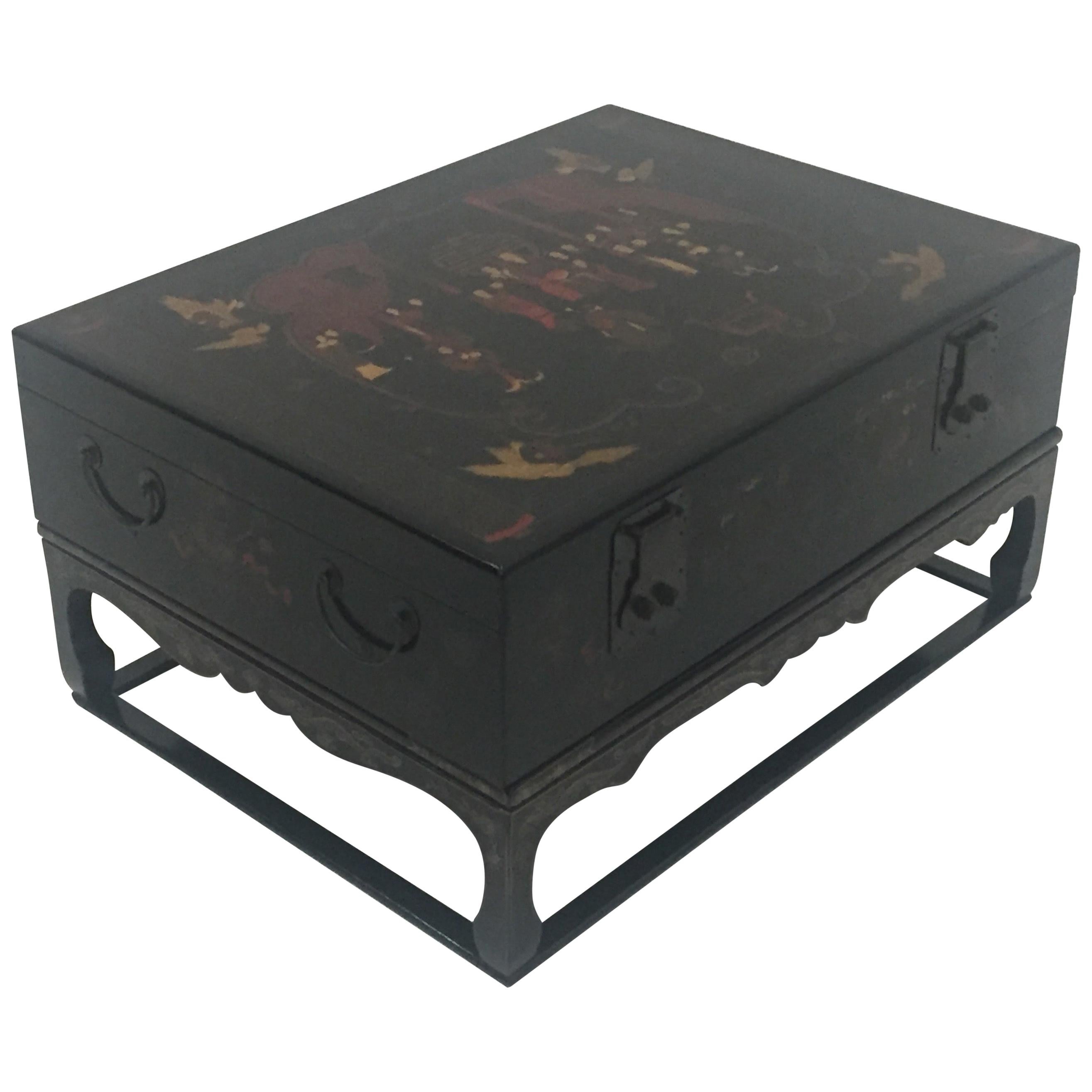 Stunning Asian Black Laquer Box on Custom Stand Coffee Table For Sale