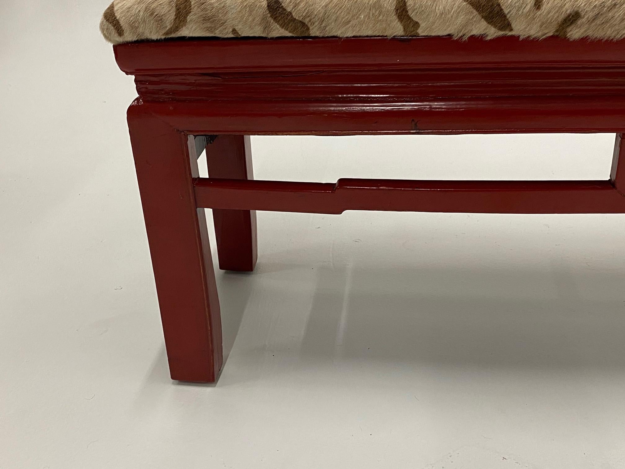 Chinese Export Stunning Asian Cinnabar Red Lacquer Bench Upholstered in Printed Cowhide For Sale