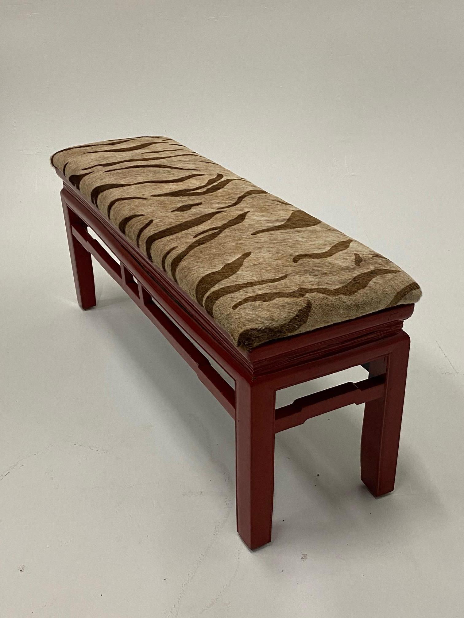 Stunning Asian Cinnabar Red Lacquer Bench Upholstered in Printed Cowhide For Sale 1