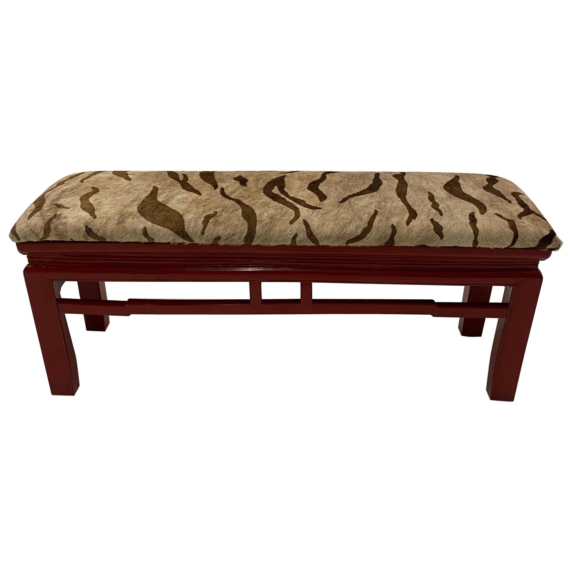 Stunning Asian Cinnabar Red Lacquer Bench Upholstered in Printed Cowhide For Sale