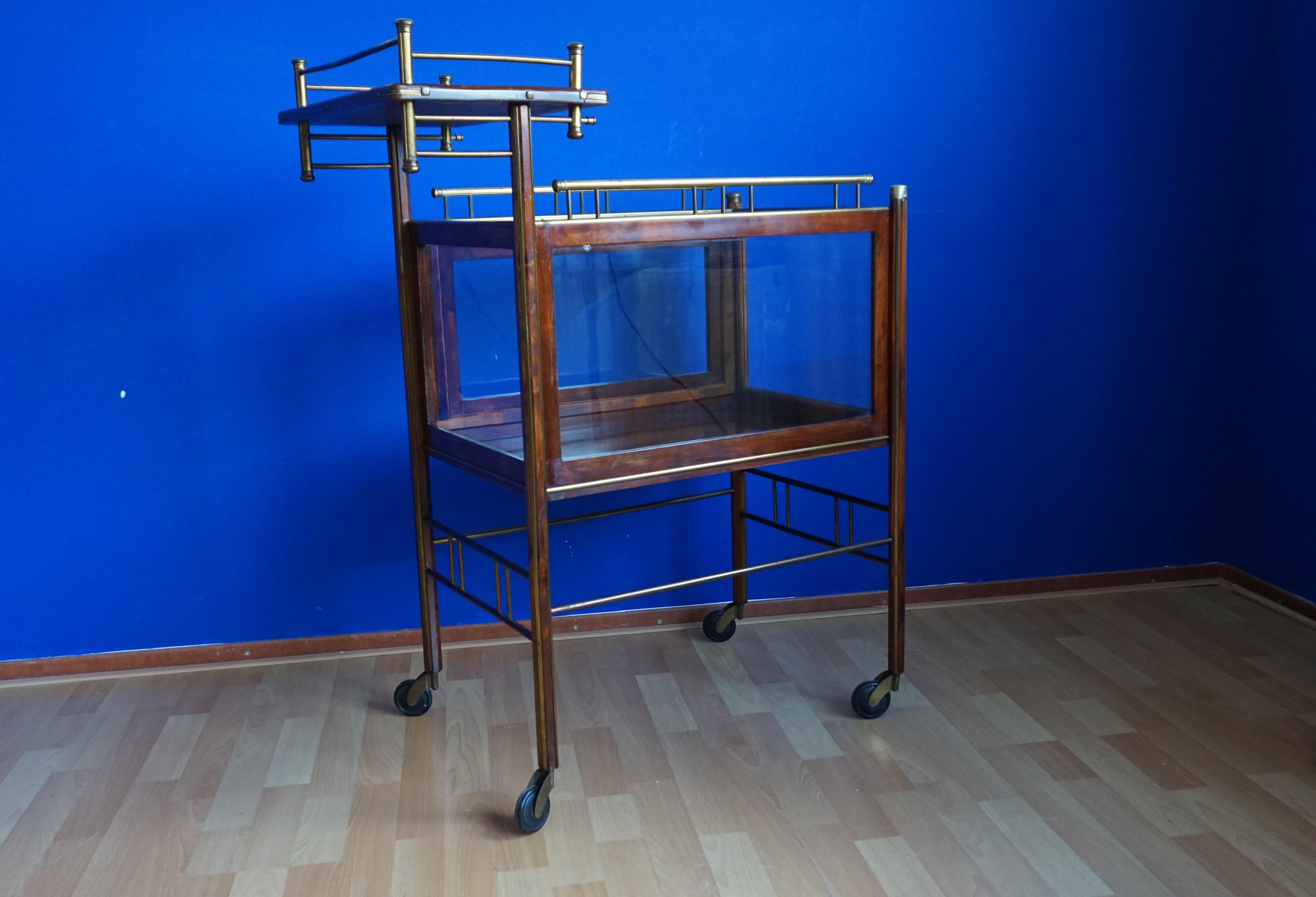Stunning Asymmetrical Arts & Crafts Wood, Brass & Glass Drinks Trolley or Cart For Sale 7