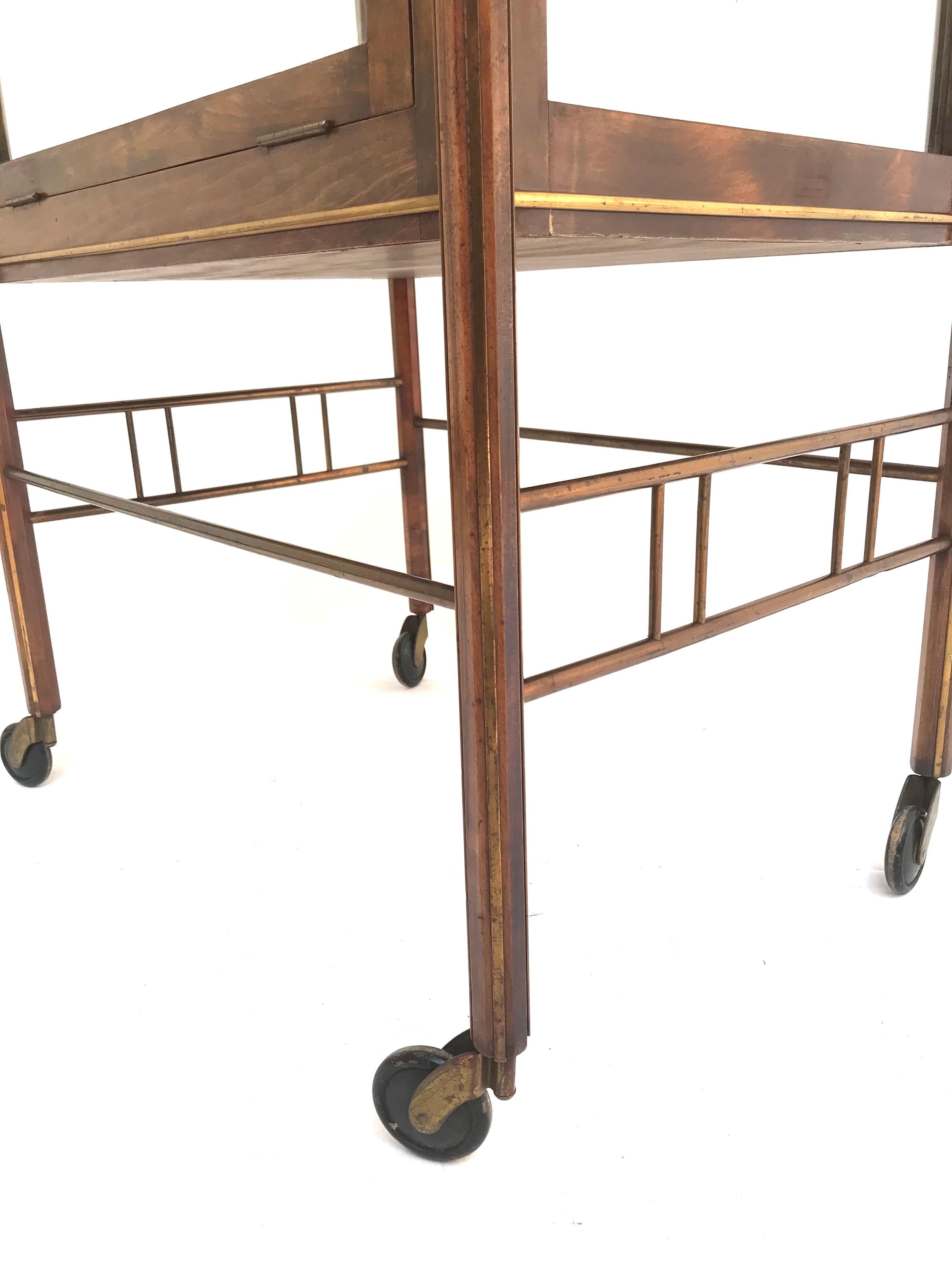 Stunning Asymmetrical Arts & Crafts Wood, Brass & Glass Drinks Trolley or Cart For Sale 1
