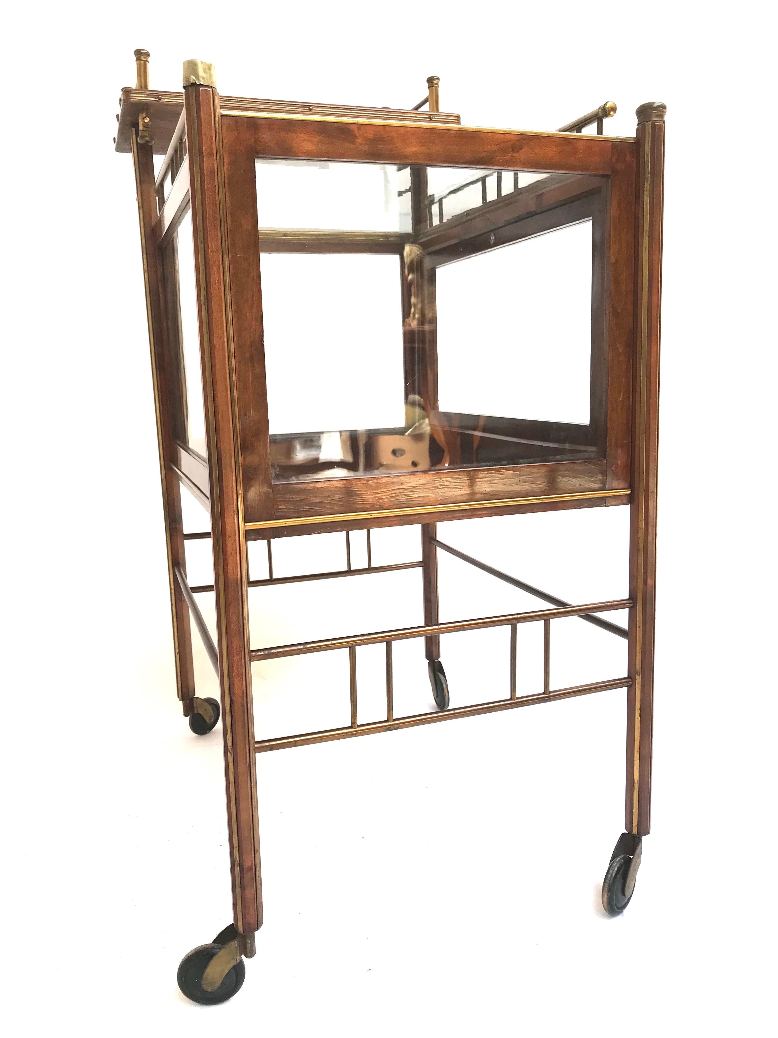 Stunning Asymmetrical Arts & Crafts Wood, Brass & Glass Drinks Trolley or Cart For Sale 3