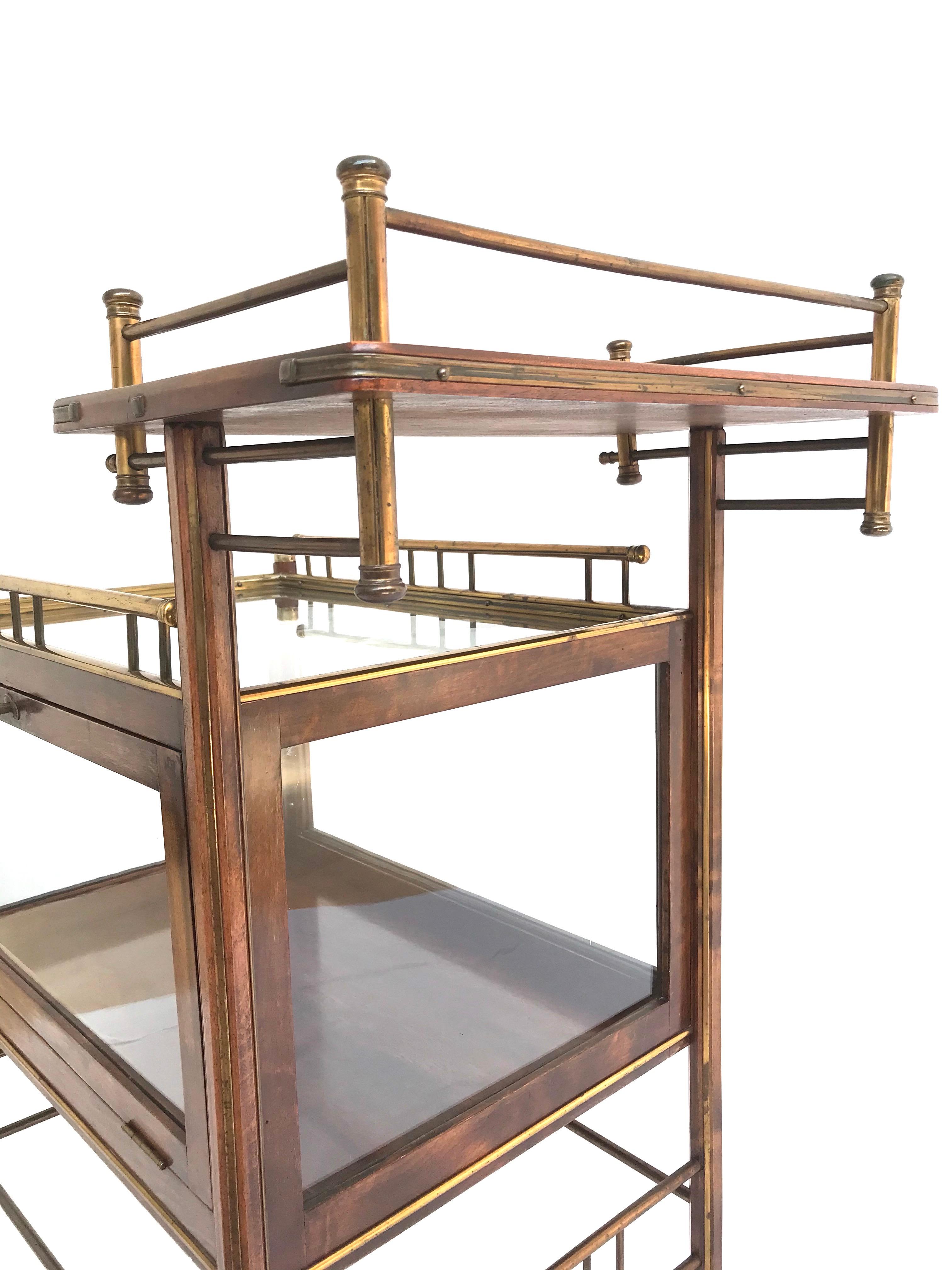 Stunning Asymmetrical Arts & Crafts Wood, Brass & Glass Drinks Trolley or Cart For Sale 5