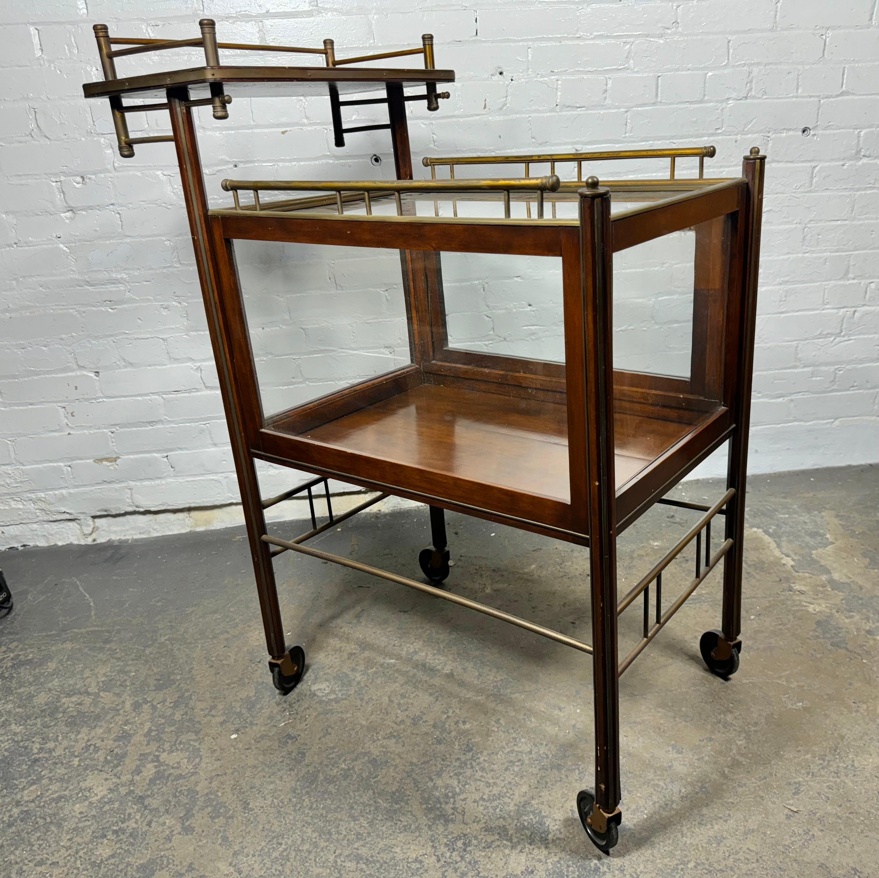 Stunning Asymmetrical Arts & Crafts Wood, Brass & Glass Drinks Trolley or Cart In Good Condition For Sale In Buffalo, NY