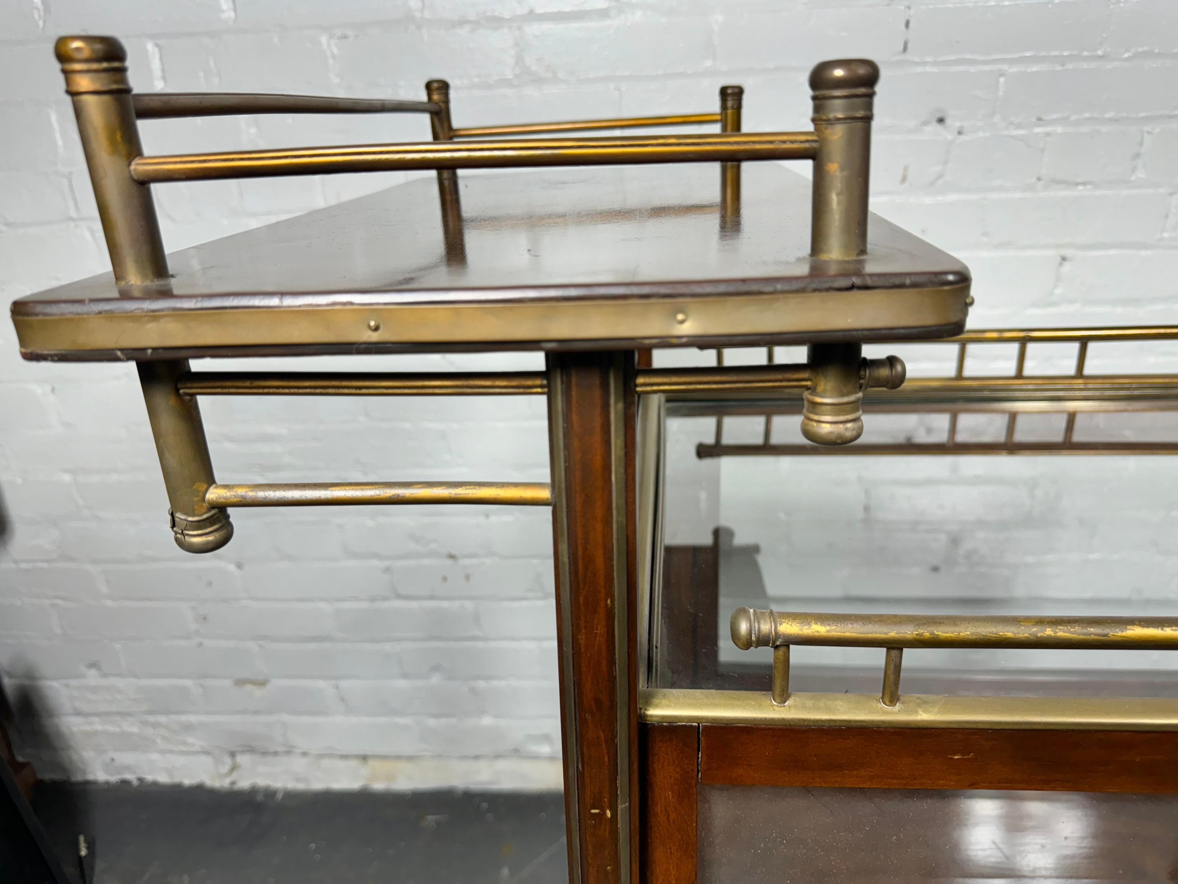 20th Century Stunning Asymmetrical Arts & Crafts Wood, Brass & Glass Drinks Trolley or Cart For Sale