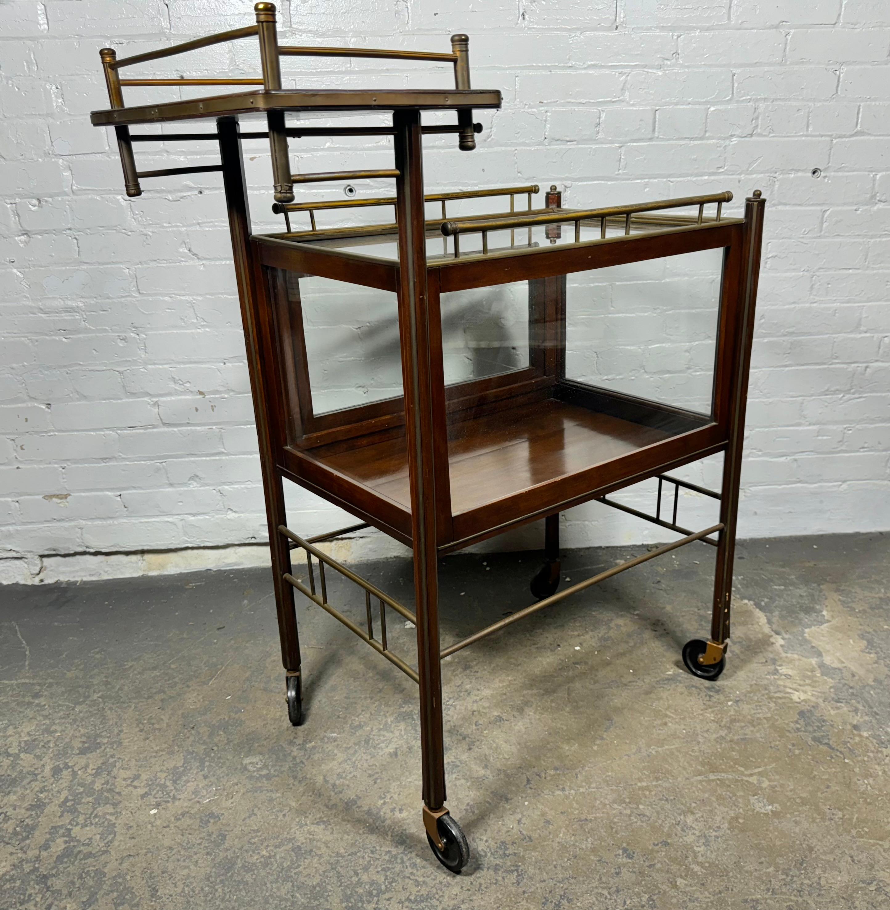 Stunning Asymmetrical Arts & Crafts Wood, Brass & Glass Drinks Trolley or Cart For Sale 1