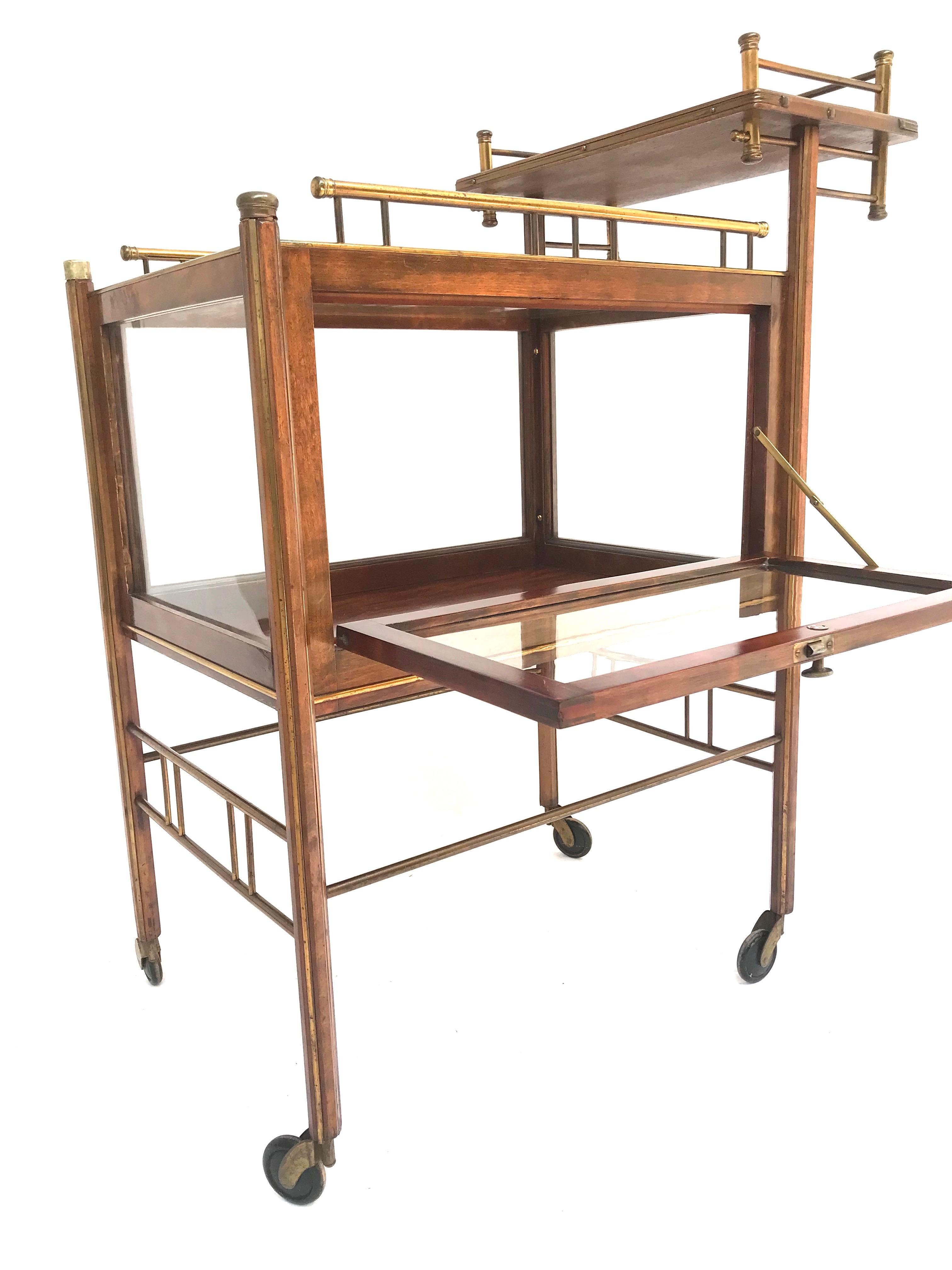 German Stunning Asymmetrical Arts & Crafts Wood, Brass & Glass Drinks Trolley or Cart For Sale
