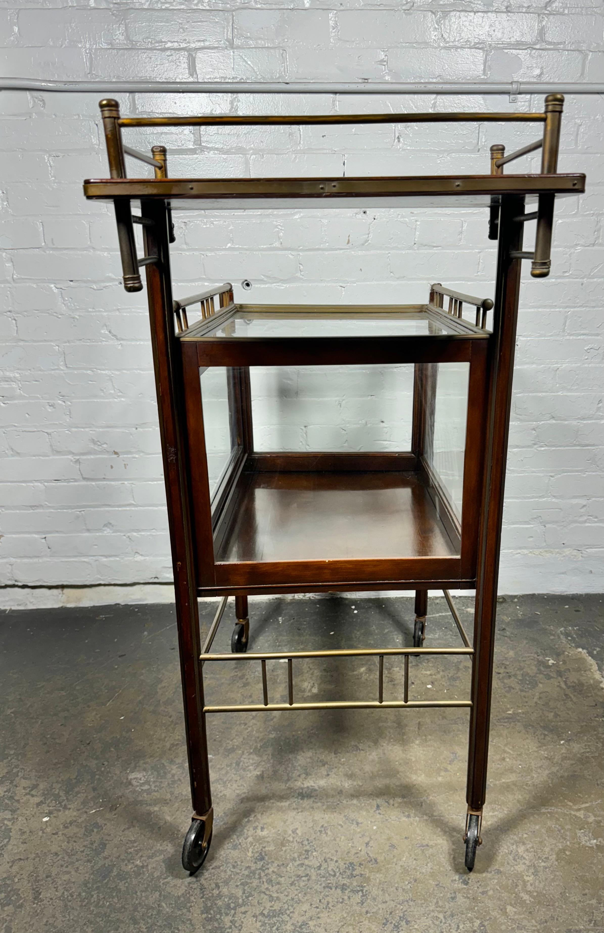 Stunning Asymmetrical Arts & Crafts Wood, Brass & Glass Drinks Trolley or Cart For Sale 2