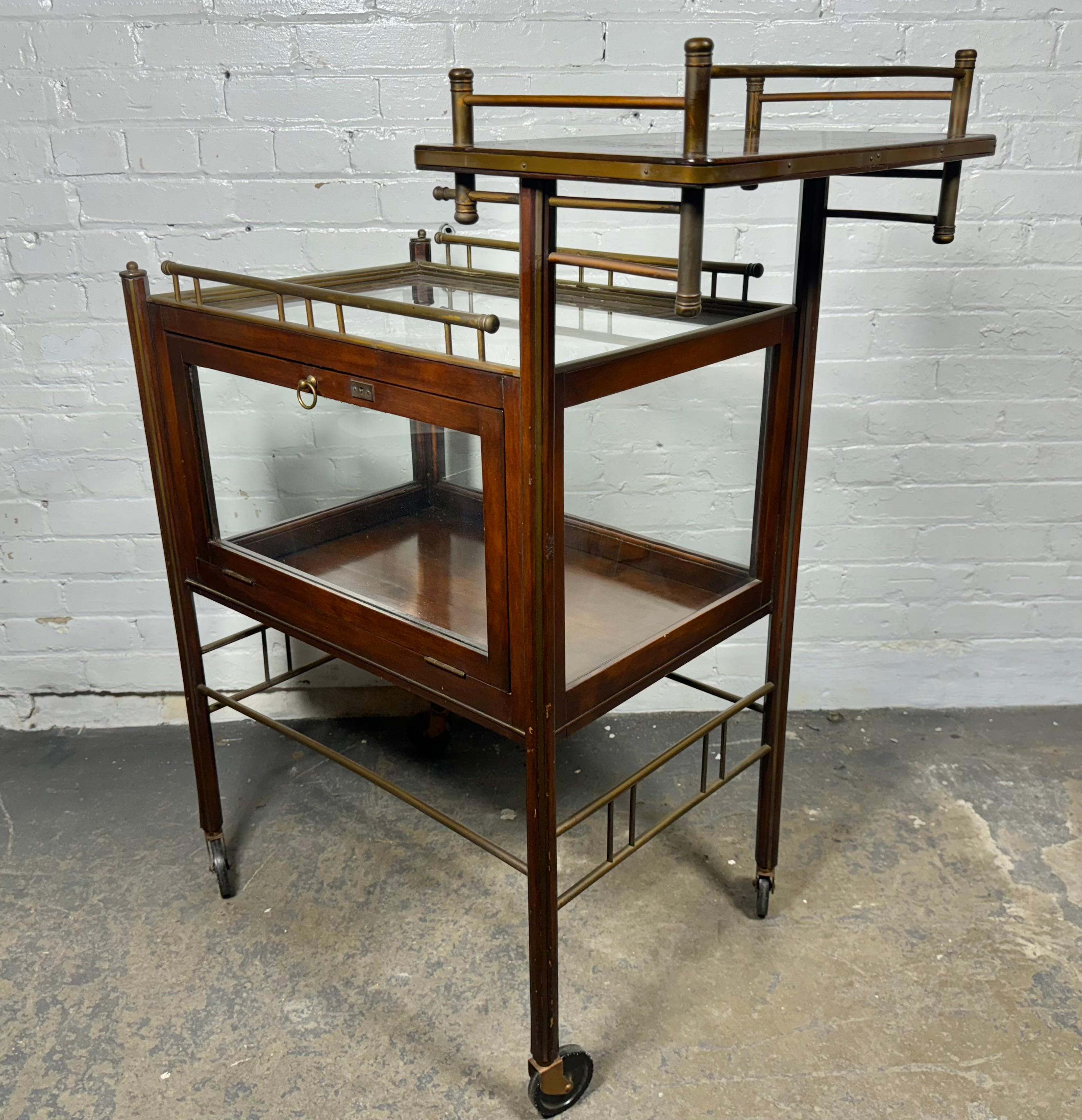 Stunning Asymmetrical Arts & Crafts Wood, Brass & Glass Drinks Trolley or Cart For Sale 3