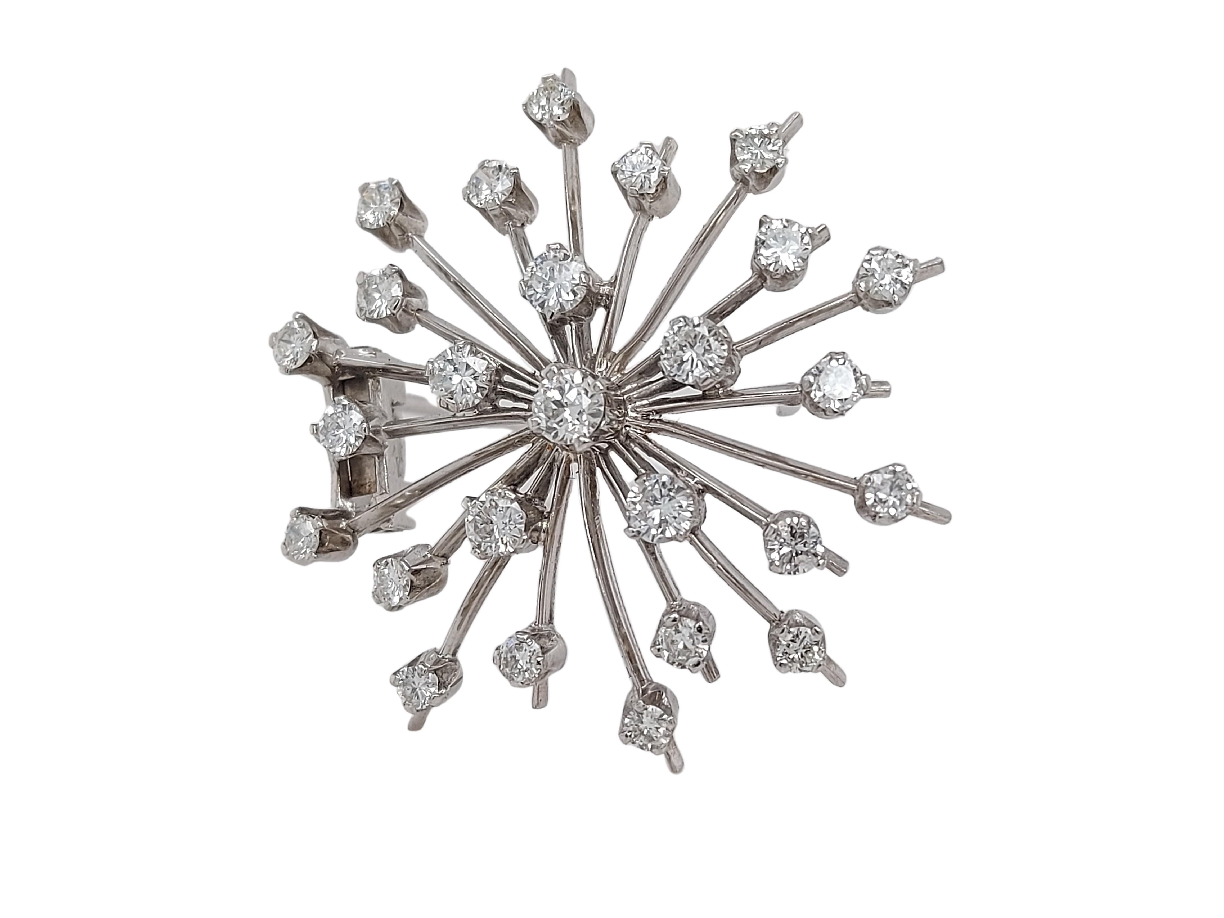 Stunning Attractive 18kt White Gold 2.95ct Diamond Star Brooch 

Material: 18kt white gold

Diamonds: brilliant cut diamonds, 2.75ct plus a centre diamond of 0.20ct, E/F color

Measurements: Diameter 33 mm

Total weight: 6.50 grams / 4.20 dwt /