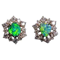 Stunning Australian Boulder Opal & Halo Diamond Stud Earrings 14K Yellow Gold
