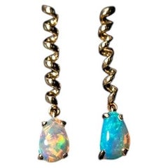 Stunning Australian Crystal Opal Drop Earrings in 14K Yellow Gold