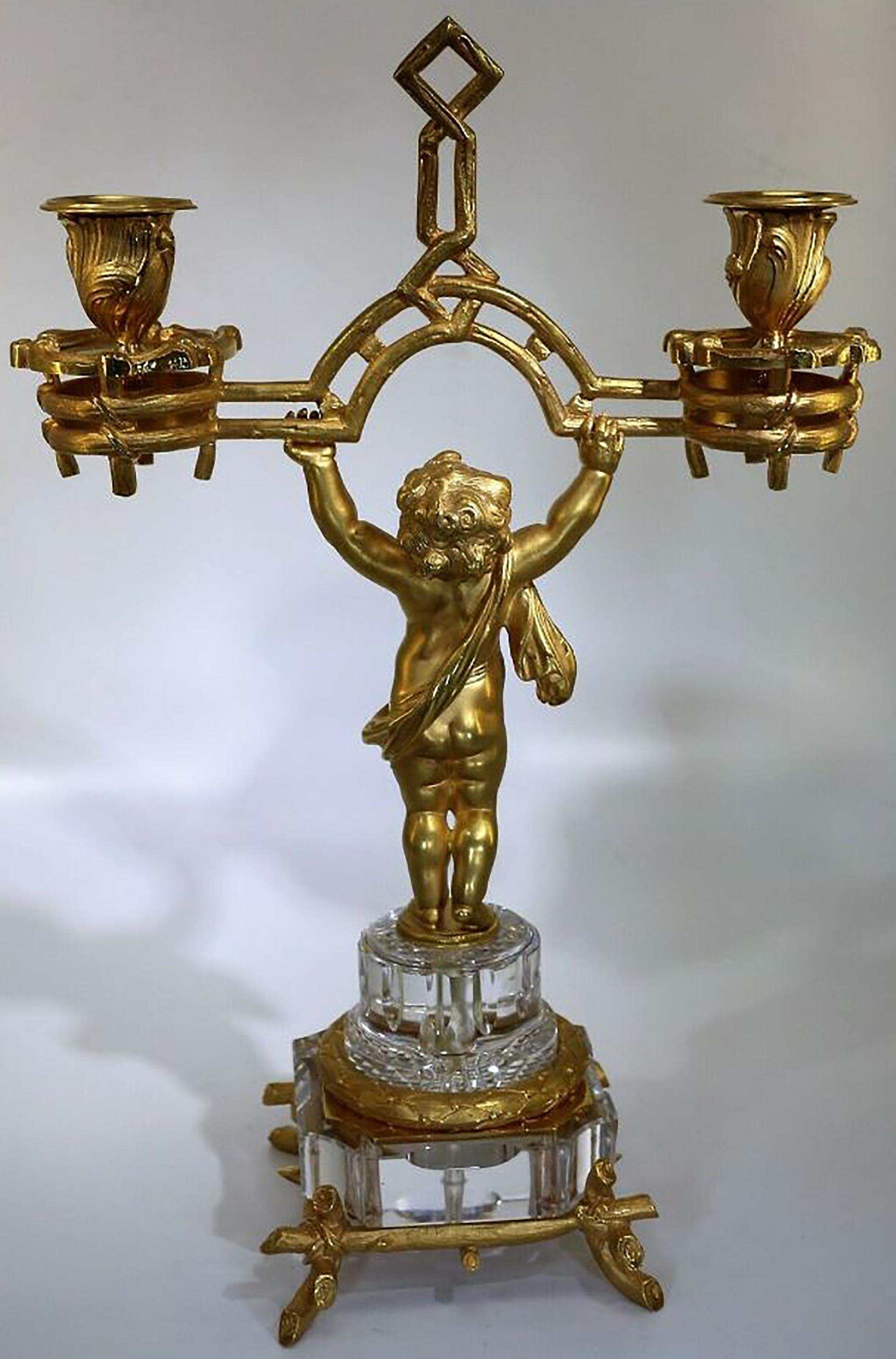 Stunning Baccarat, Fire-Gilded Bronze Putto Candlestick, Napoleon III For Sale 3