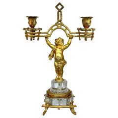 Stunning Baccarat, Fire-Gilded Bronze Putto Candlestick, Napoleon III