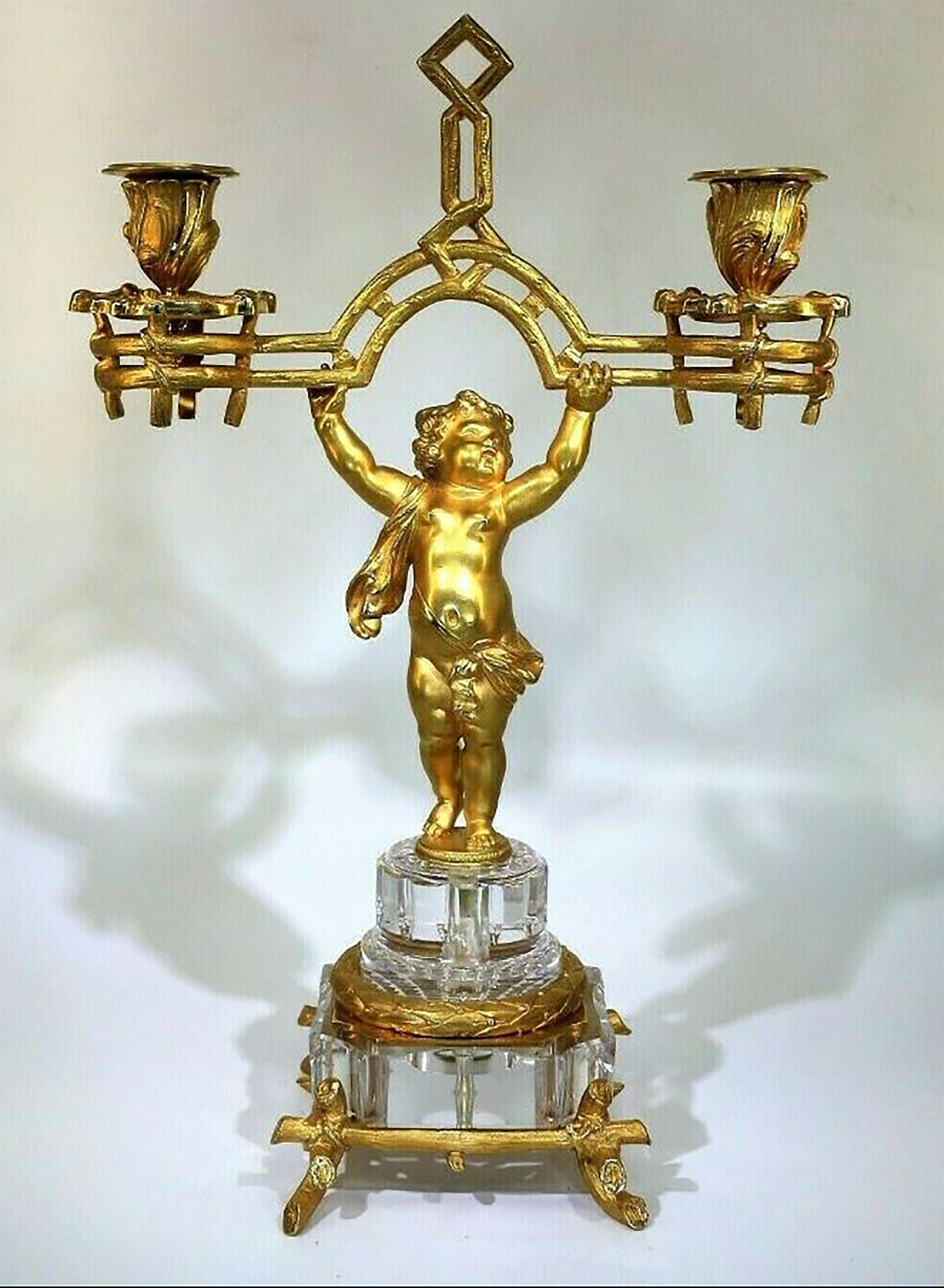European Stunning Baccarat, Fire-Gilded Bronze Putto Candlestick, Napoleon III For Sale
