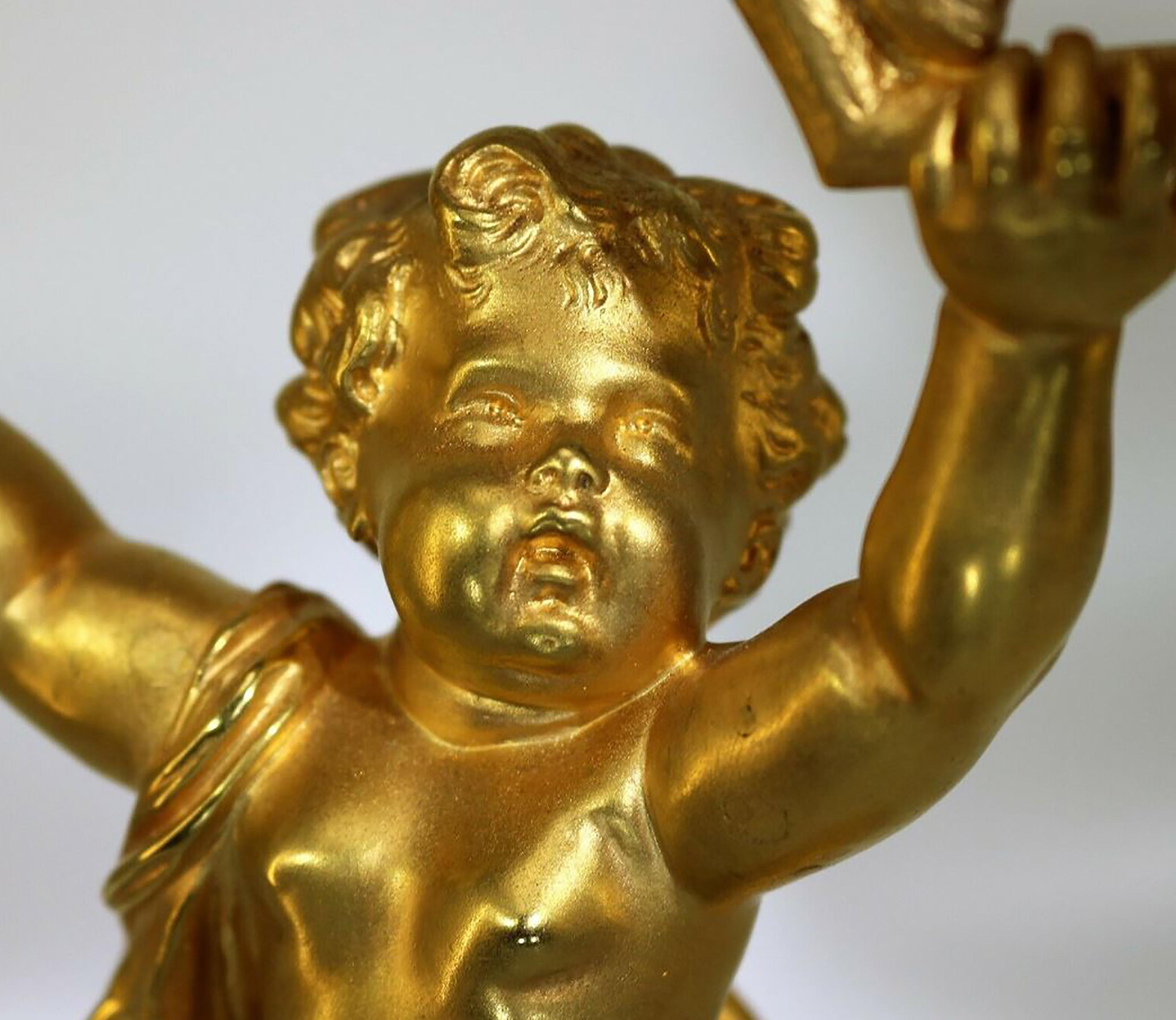20th Century Stunning Baccarat, Fire-Gilded Bronze Putto Candlestick, Napoleon III For Sale