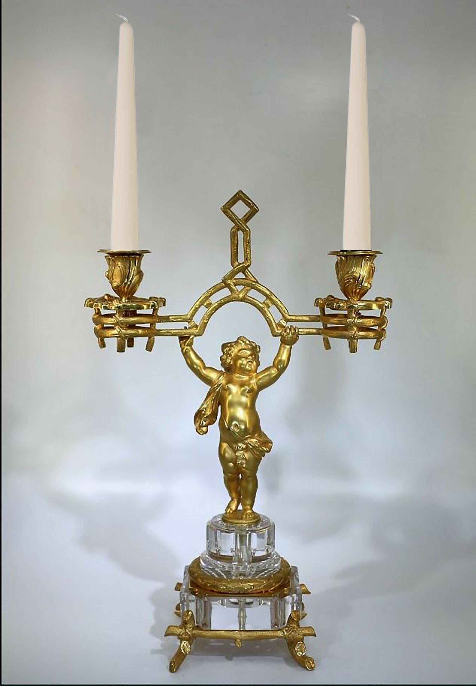 Crystal Stunning Baccarat, Fire-Gilded Bronze Putto Candlestick, Napoleon III For Sale